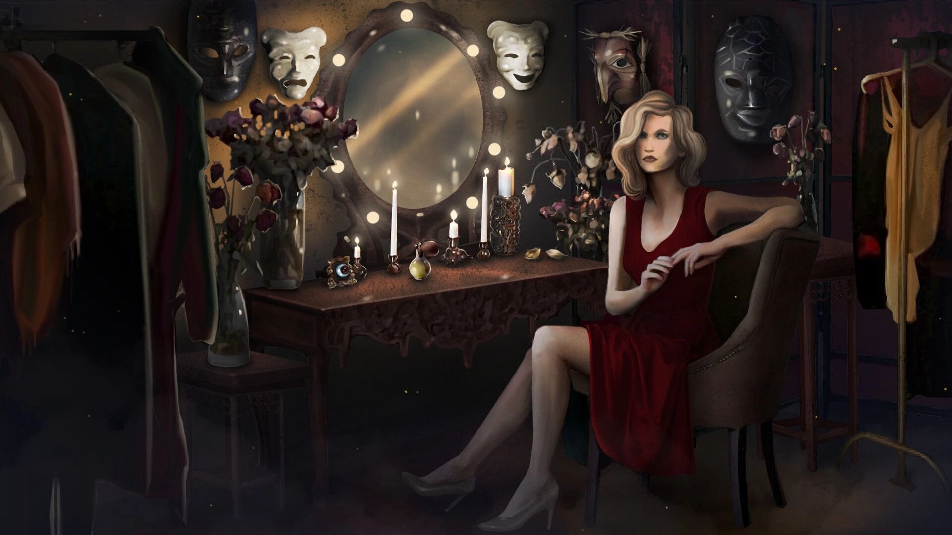 Bonereader: Woman in red dress at a candlelit vanity with masks and dresses in backstage room.