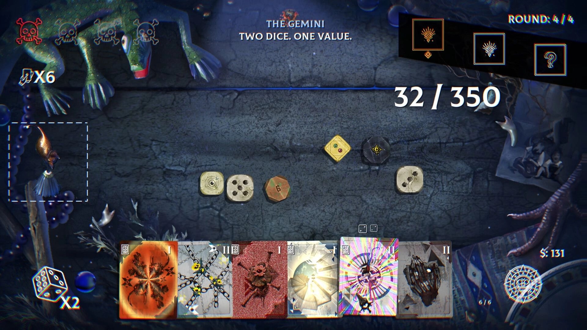 Bonereader: Dice and card battle UI with hand of cards, round 4/4, and score 32/350 on stone table.