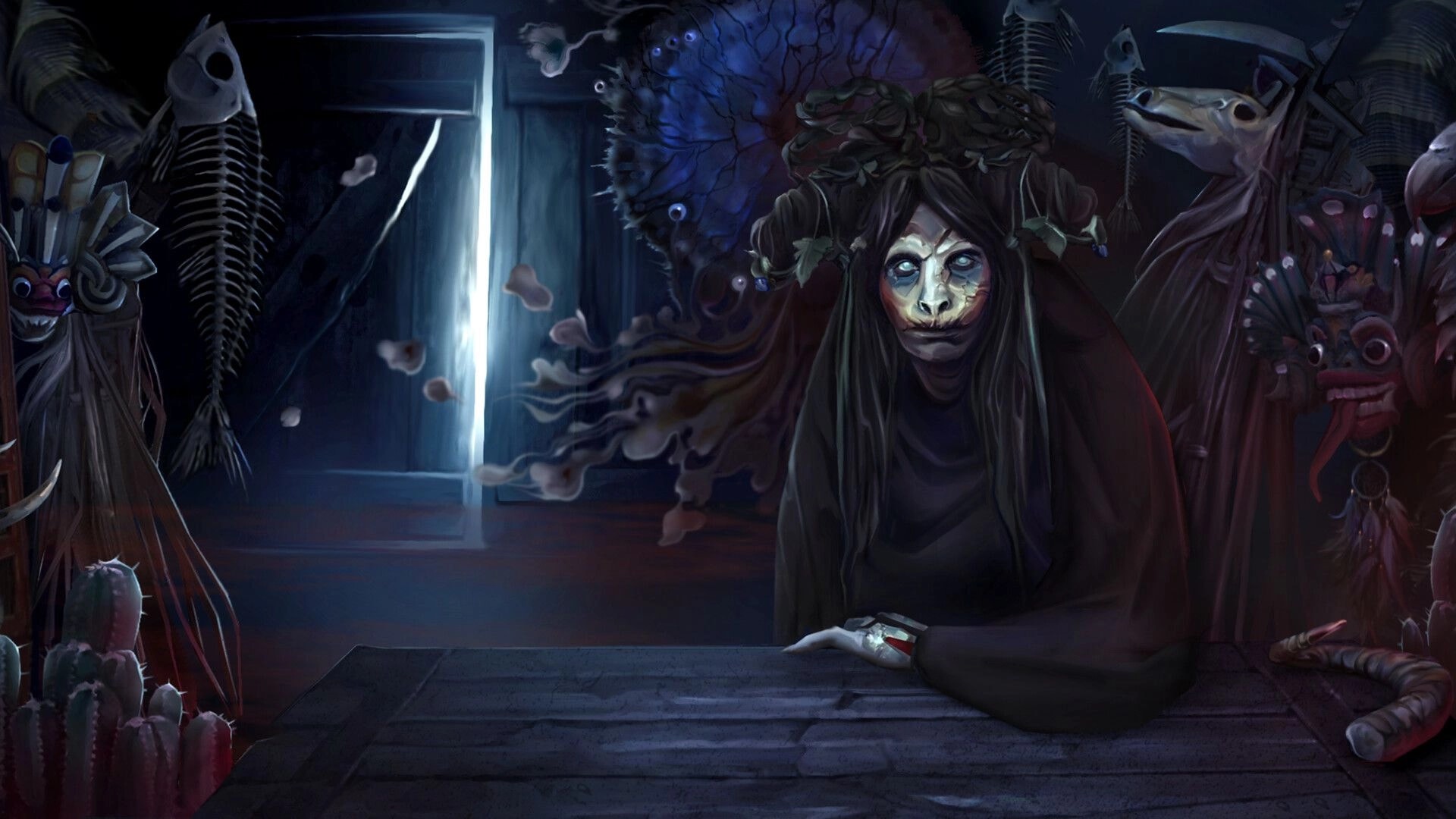 Bonereader: Masked shaman leans on a table, spirits and totems crowd a dim room by a window.