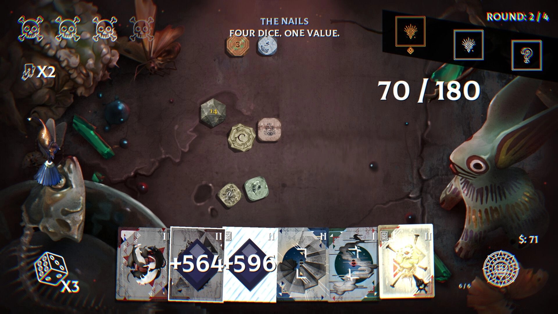 Bonereader: Dice-and-card battle UI with five dice, hand of cards, and Round 2/4 score 70/180.