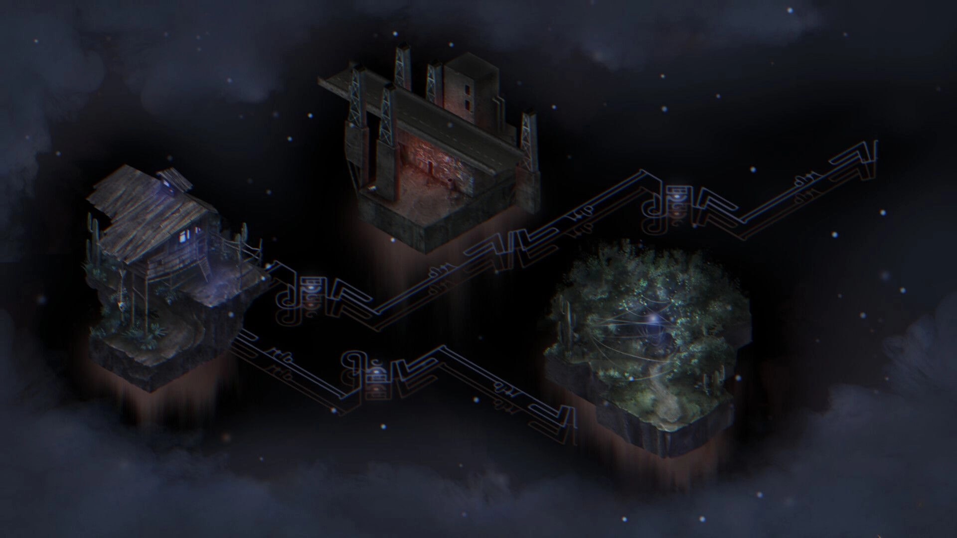 Bonereader: Overworld map with three floating locations linked by glowing paths in a dark starry void.