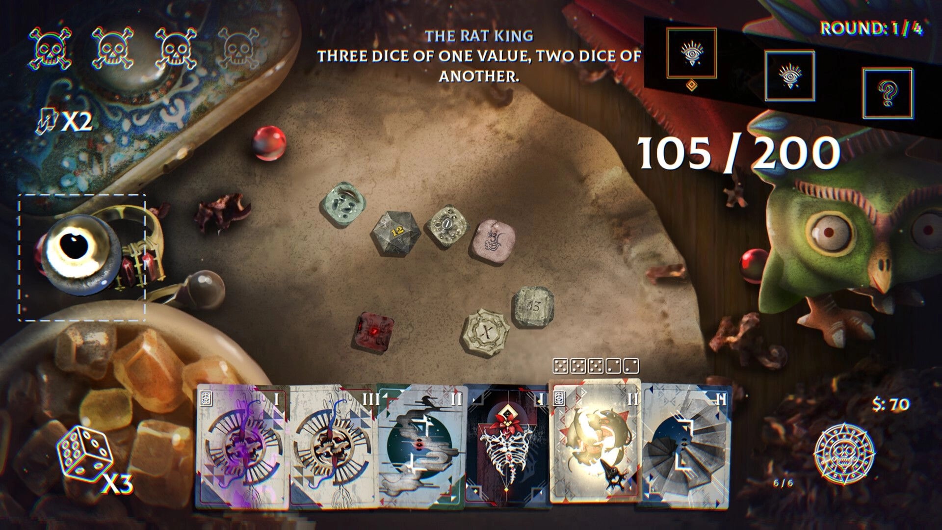 Bonereader: Dice roll combat against The Rat King on tabletop, hand of cards and score 105/200.