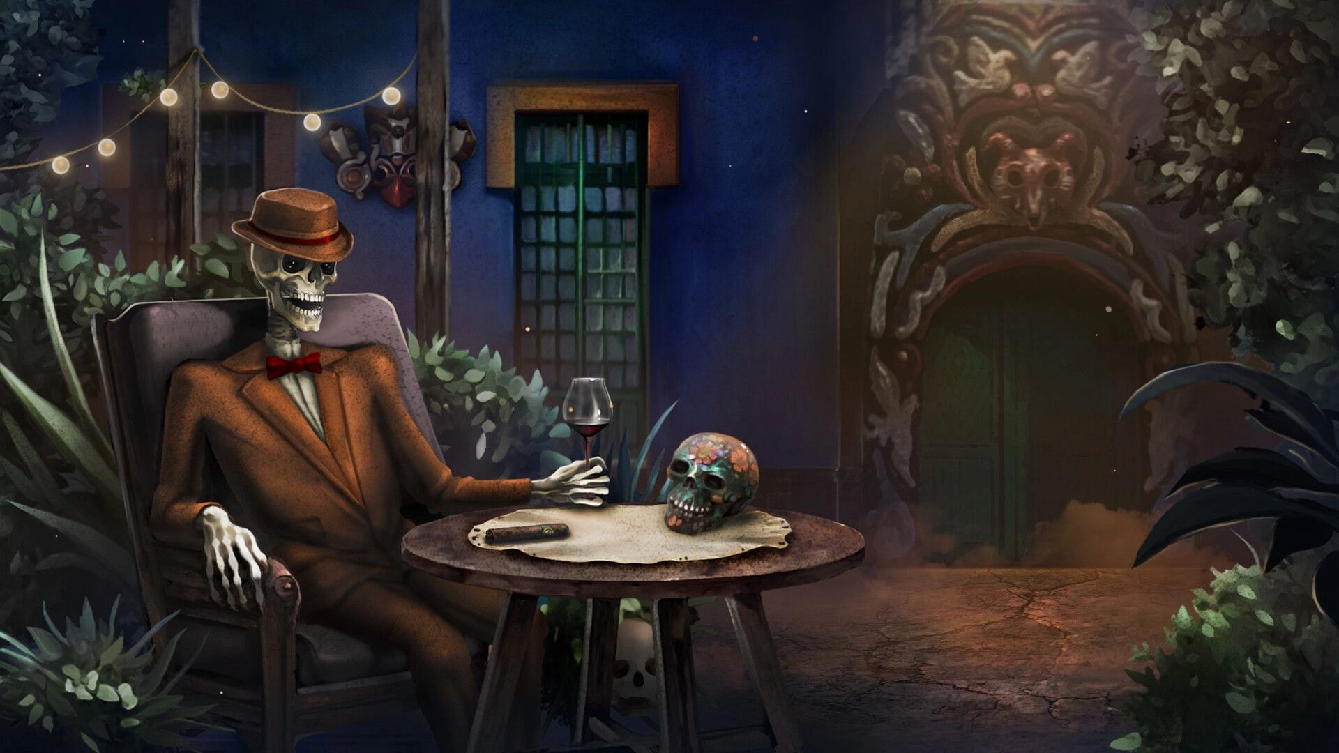 Bonereader: Skeleton in suit sips wine at patio table with skull and cigar outside blue house door.