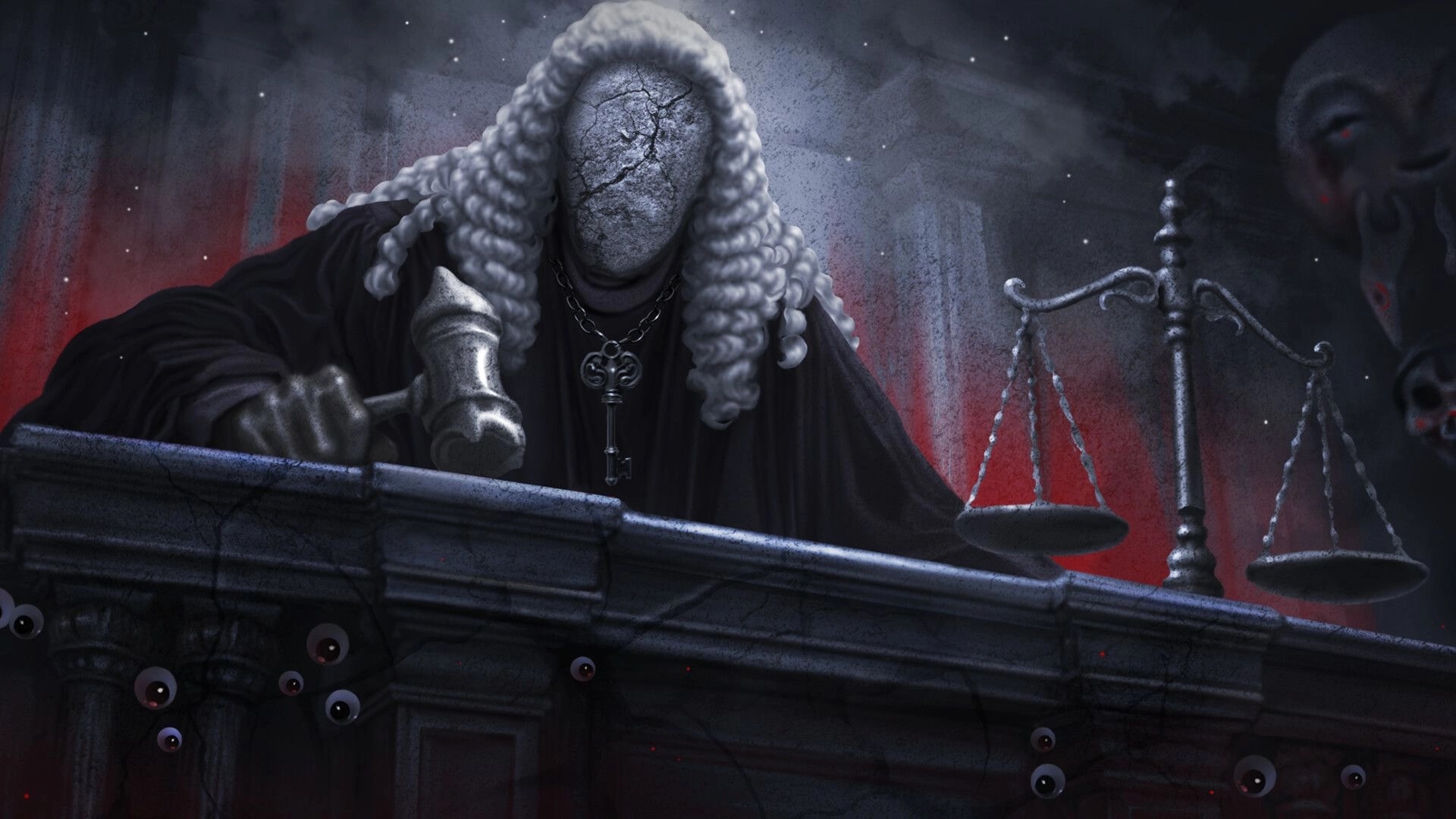 Bonereader: Faceless judge in curled wig slams gavel beside scales on a dark, surreal courtroom dais.