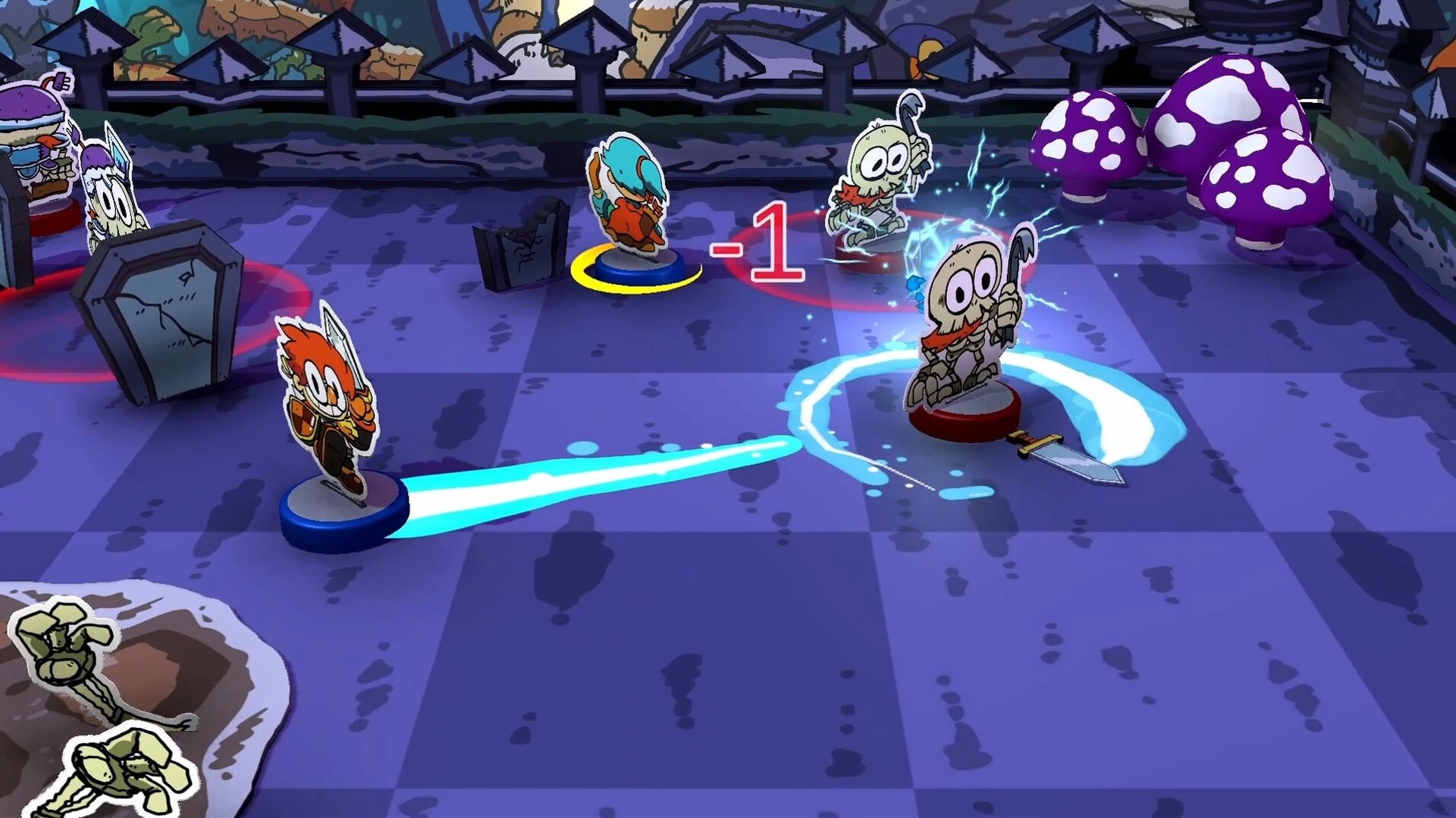 Bounce Castle: Heroes battle skeletons on a chessboard-like arena with vibrant mushrooms in background