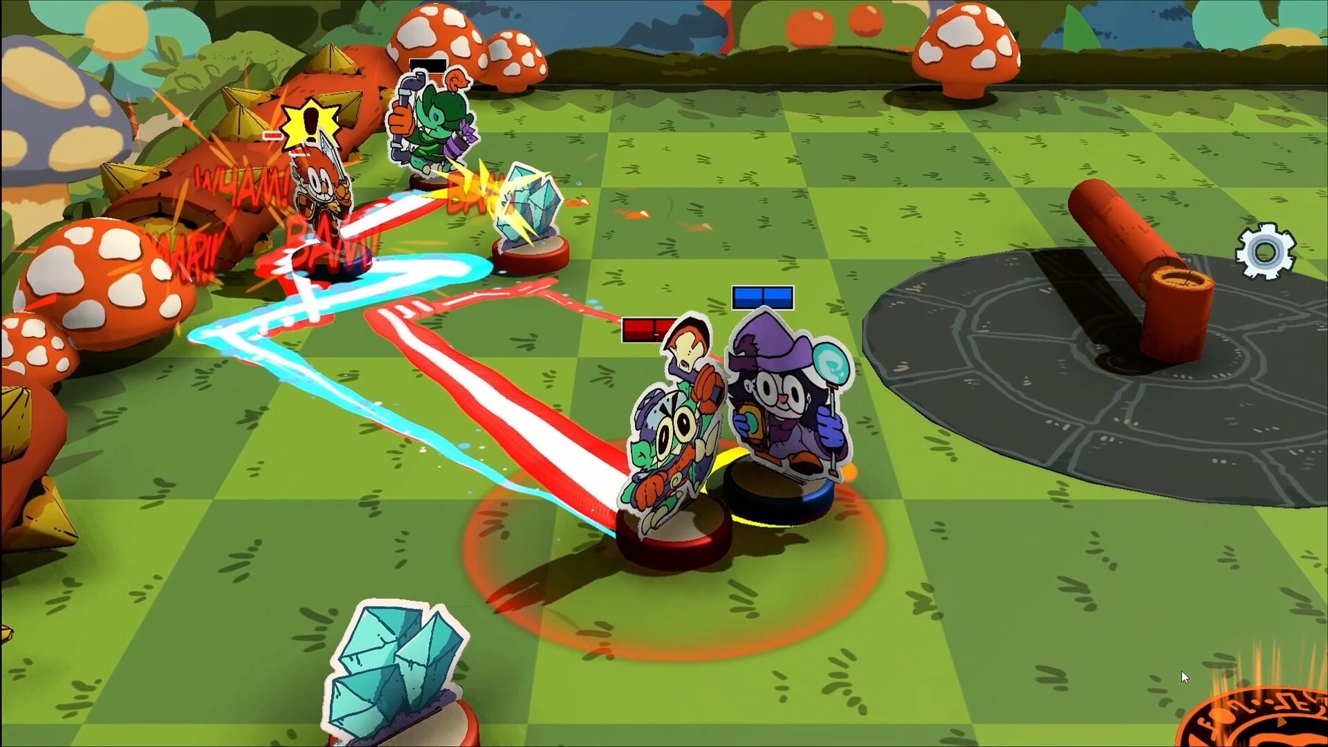 Bounce Castle: Heroes battling monsters on a grassy field with giant mushrooms and tactical overlays.