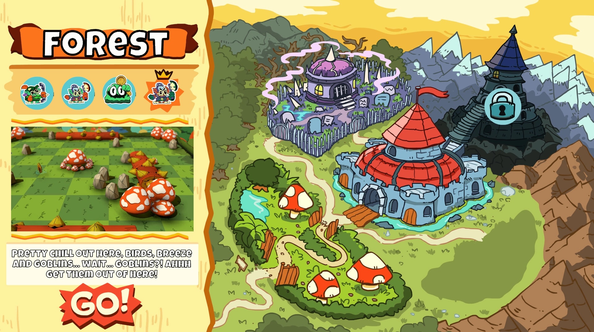 Bounce Castle: Forest level selection with three hero icons, castle map, and large "GO!" button
