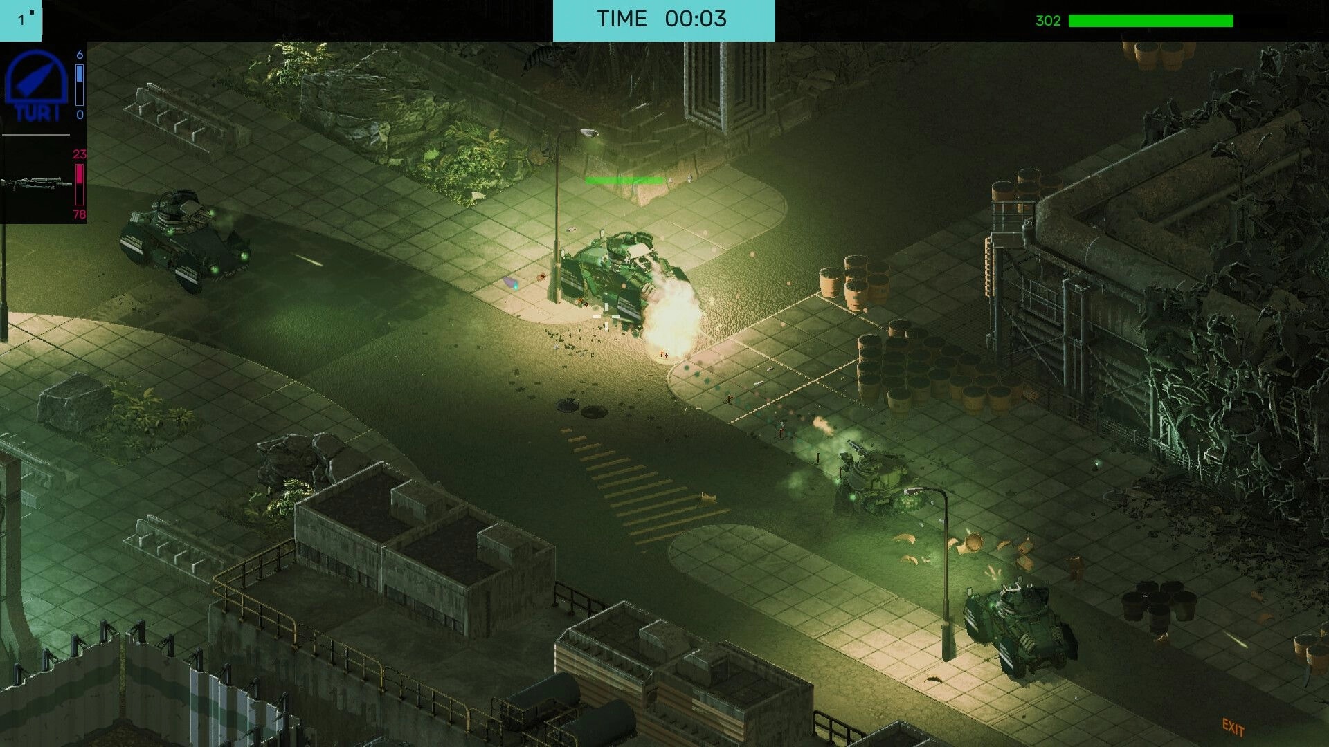 Brigador Killers: Armored vehicles exchange fire on city streets beside barrels and ruined building UI timer visible.