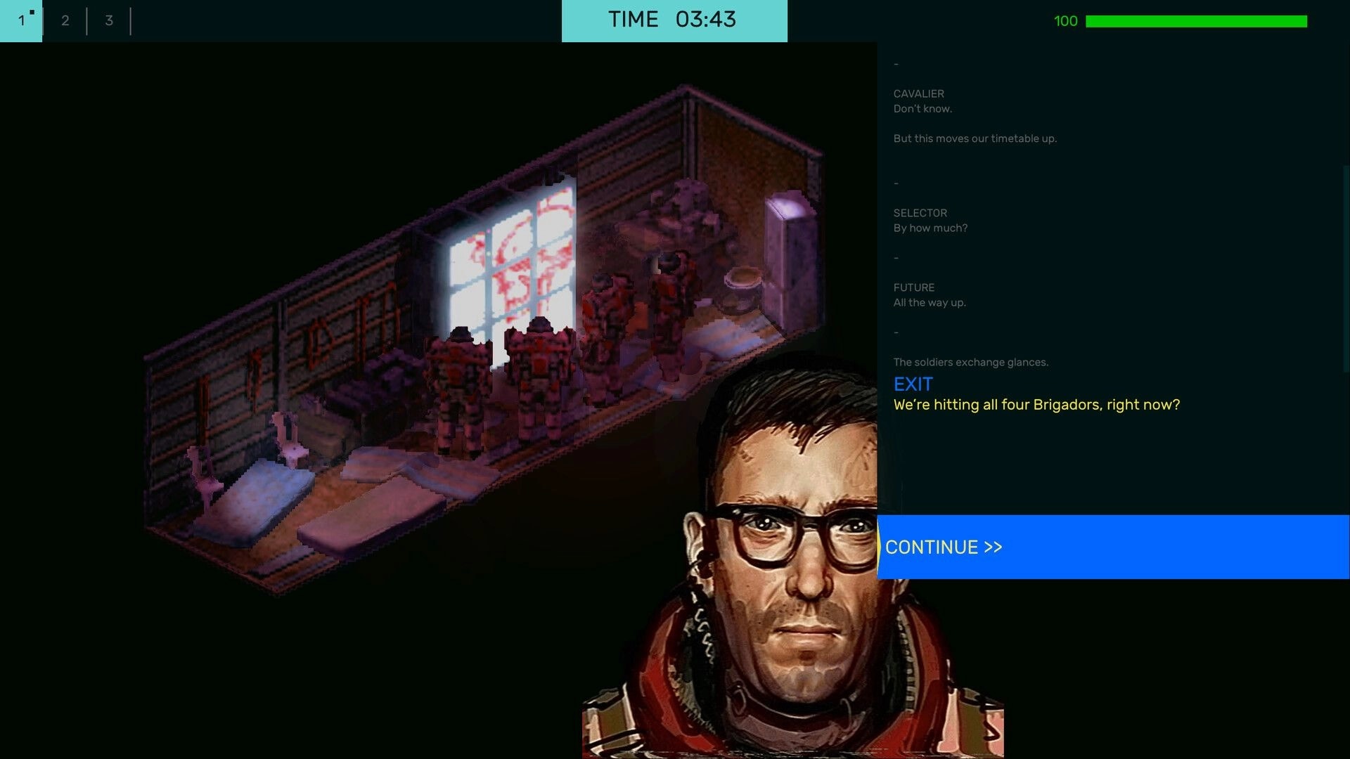 Brigador Killers: Dialogue scene with armored soldiers in a barracks room, portrait and CONTINUE button.
