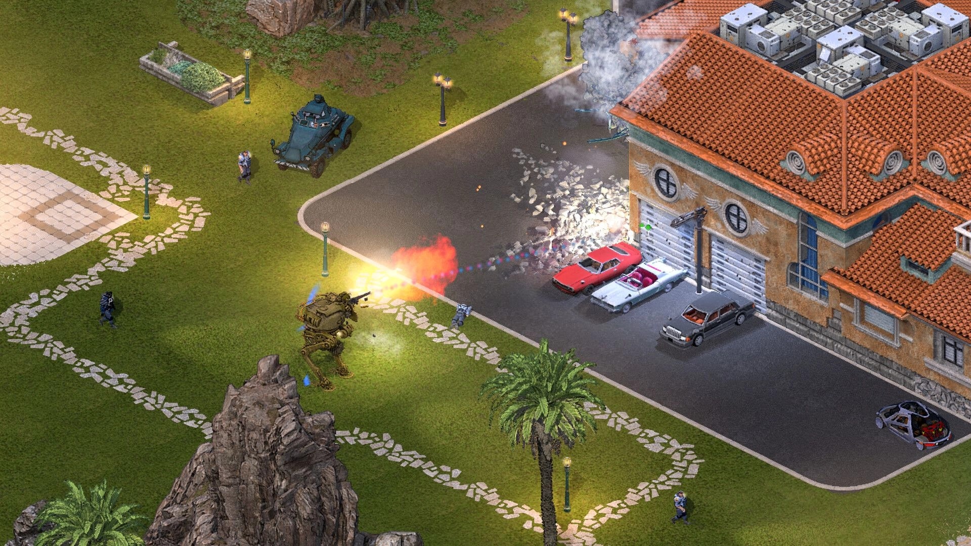 Brigador Killers: Mech firing at a building entrance beside parked cars on a suburban street fight.