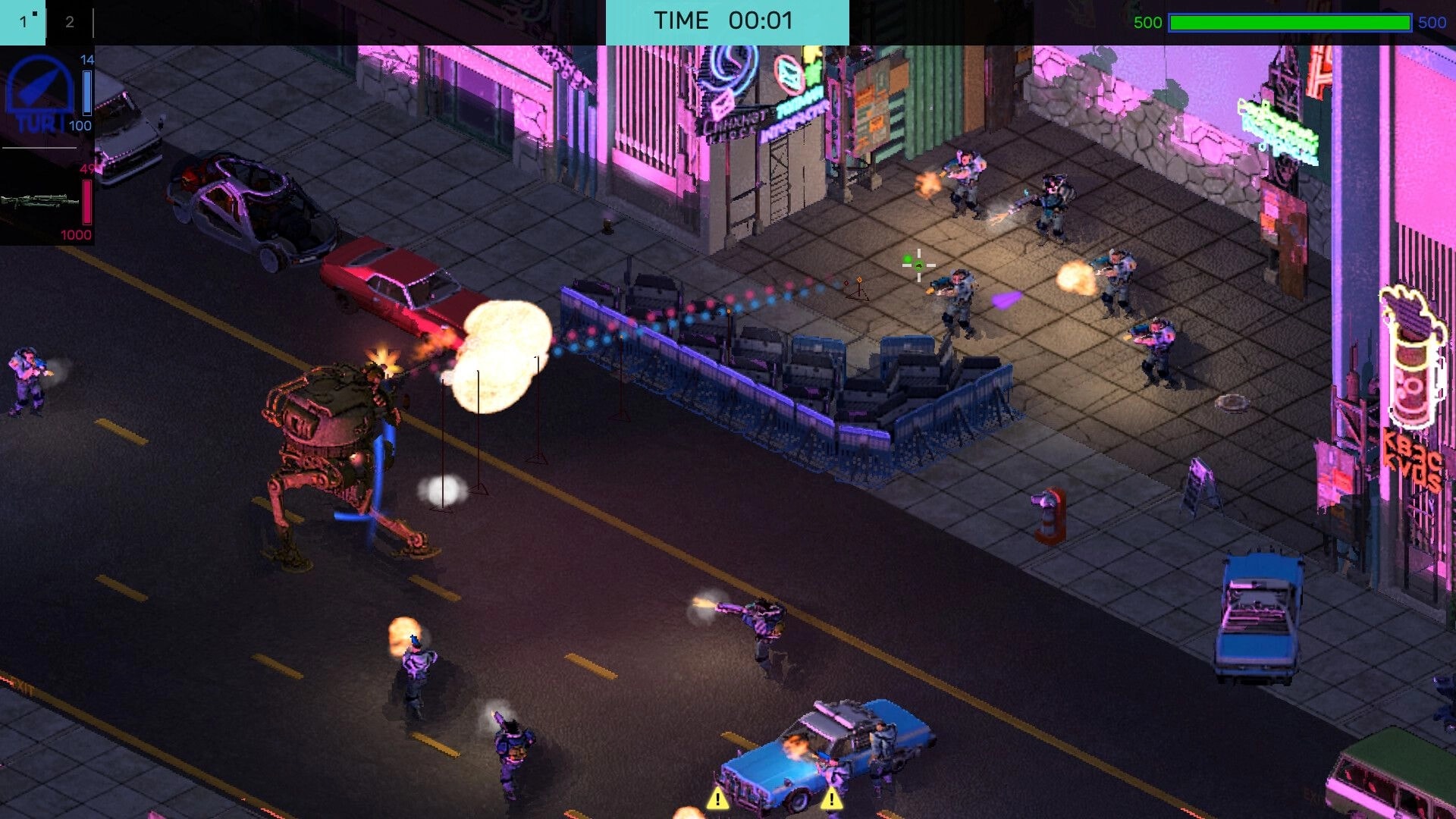 Brigador Killers: Mech trading fire with armed soldiers on a neon city street with timer and health UI.