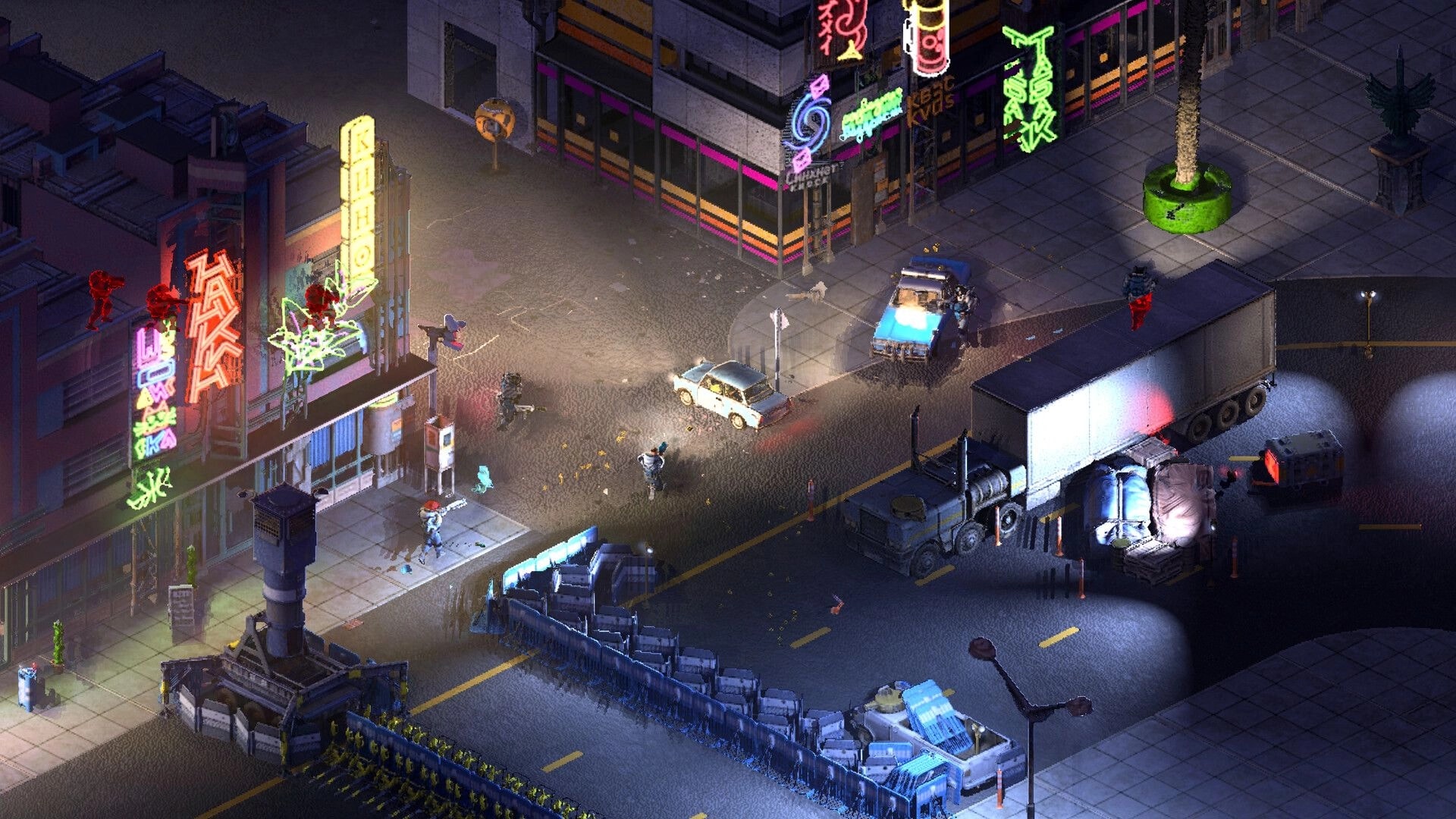 Brigador Killers: Isometric firefight around cars and a truck on neon-lit city streets at night.