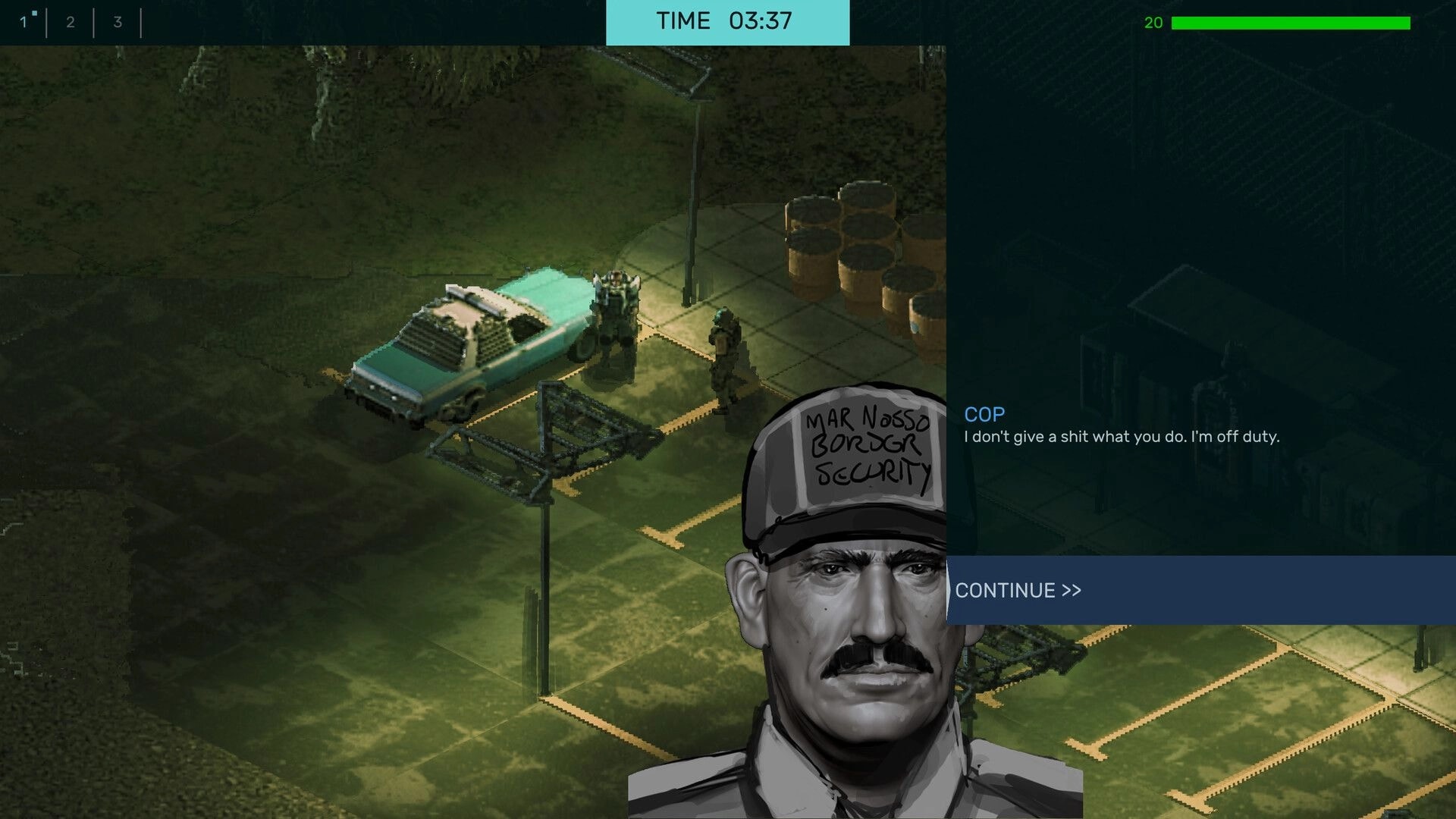 Brigador Killers: Dialogue with a cop beside a parked car in an isometric lot with barrels and timer UI.