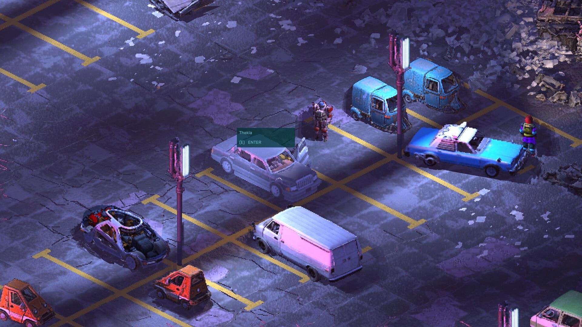 Brigador Killers: Thekla prompt to enter car in neon-lit parking lot with vans and trucks parked.