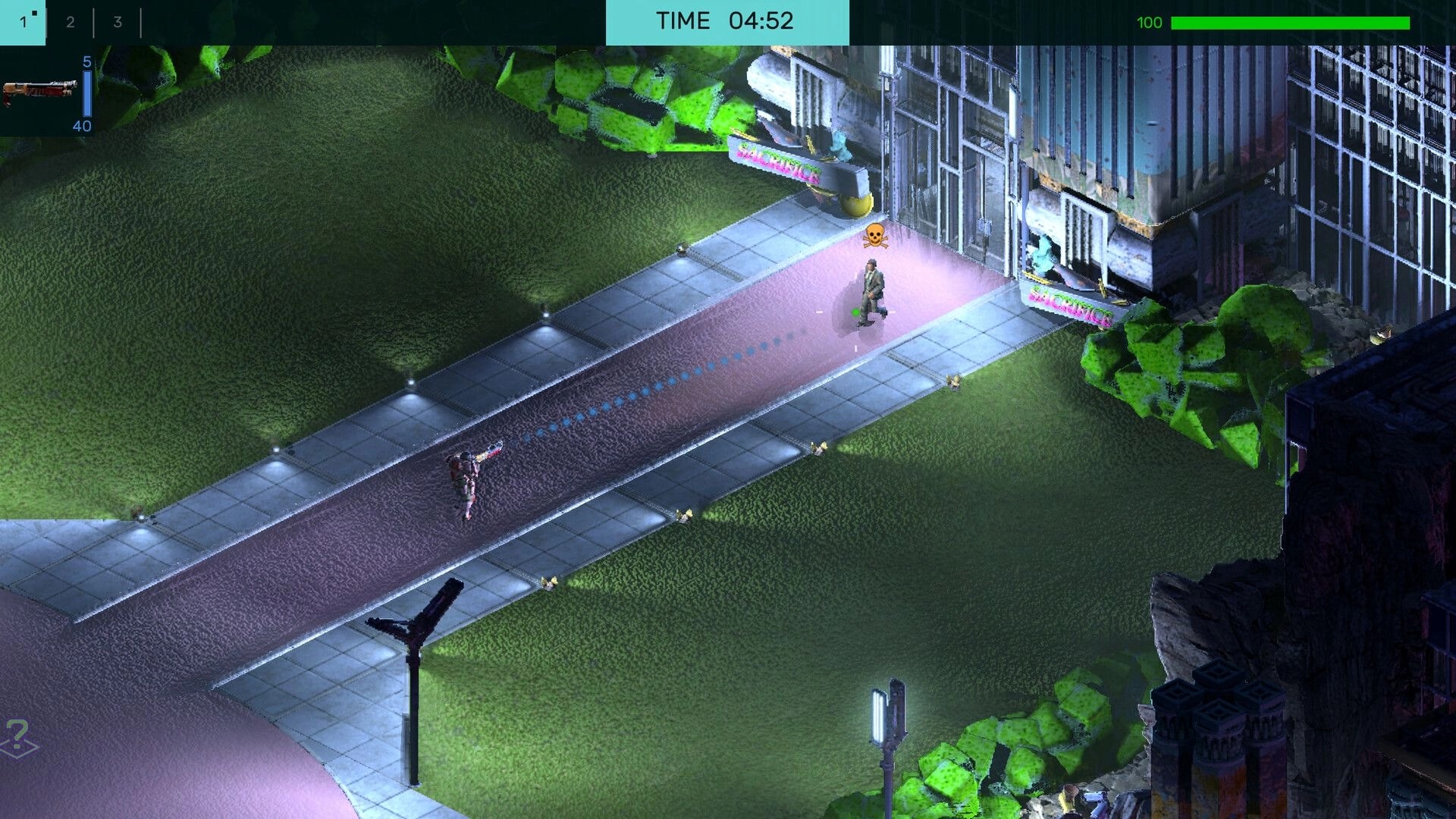 Brigador Killers: Soldier aiming at a guard by a glass building entrance, timer and health UI visible.