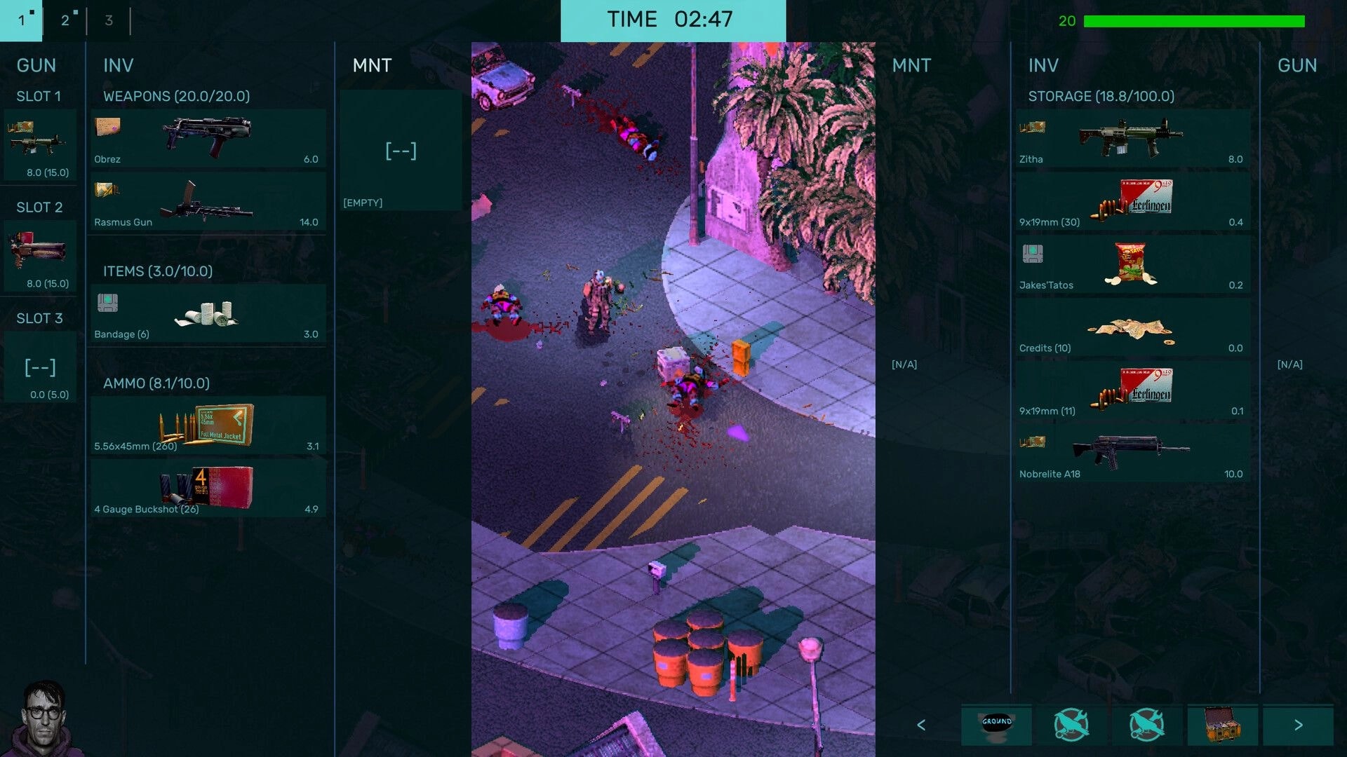 Brigador Killers: Inventory and gun panels open over bloodied street fight near sidewalk and palm trees.
