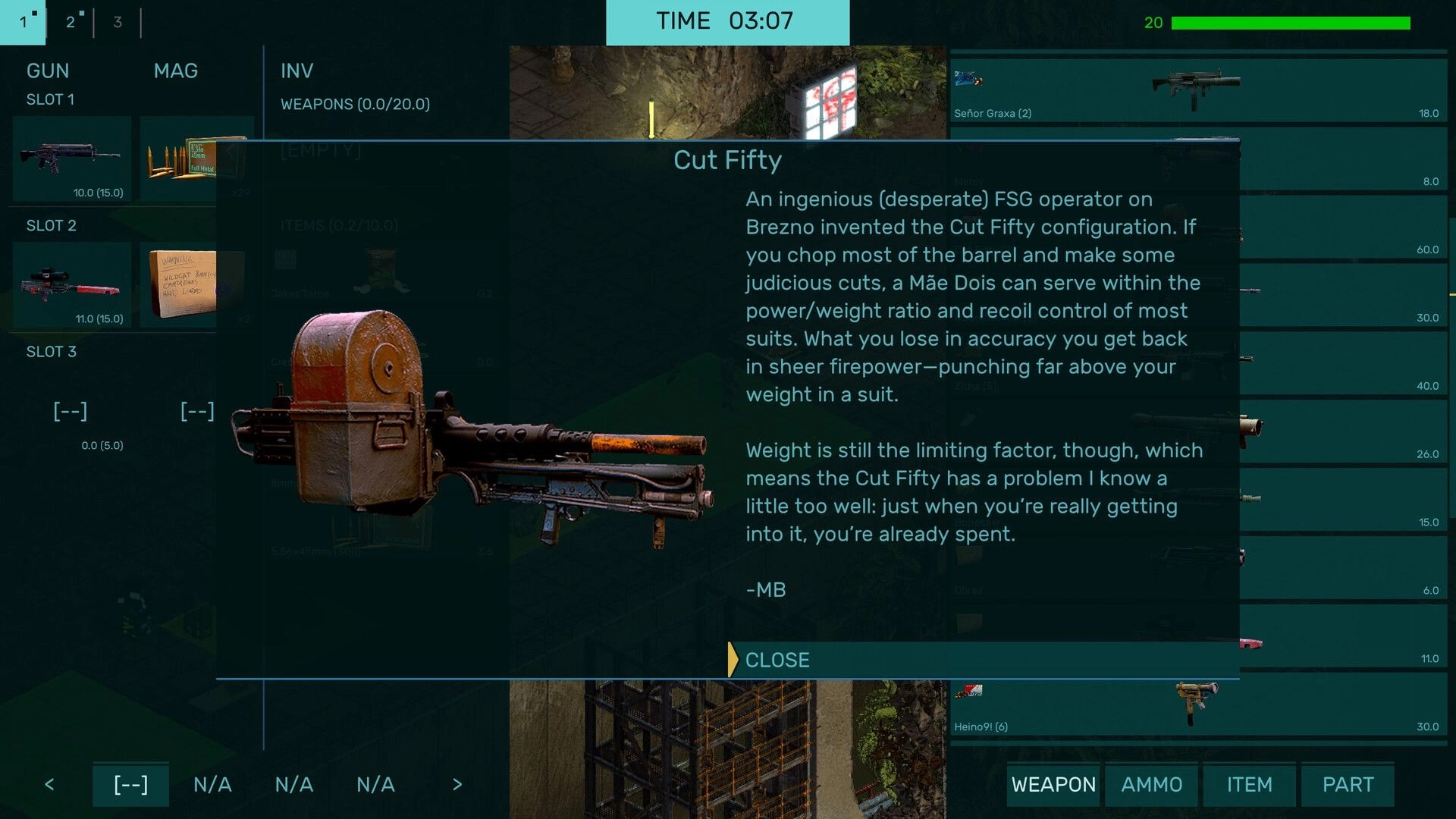 Brigador Killers: Inventory weapon info pop-up for Cut Fifty over loadout slots and ammo list UI.