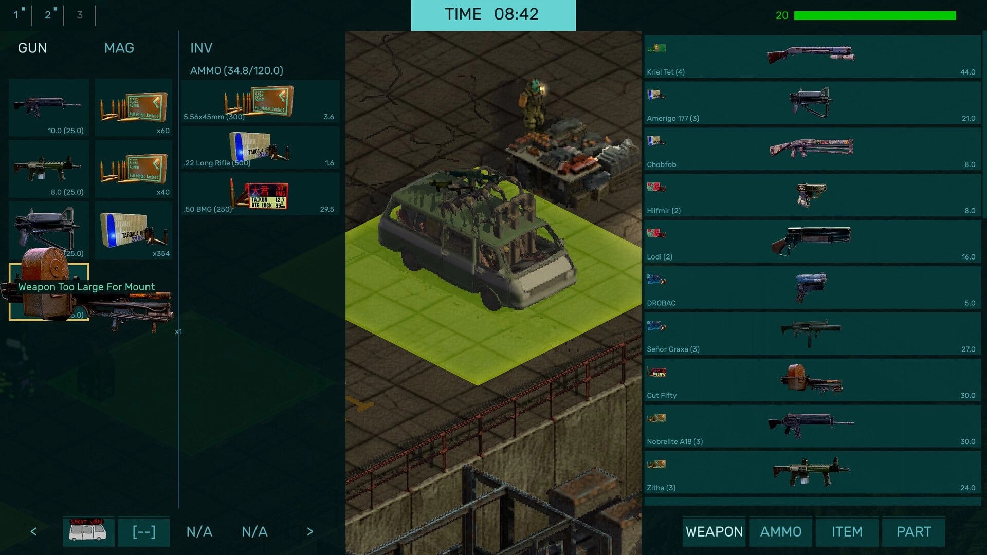 Brigador Killers: Loadout menu over isometric van, weapon list and ammo inventory in depot yard.
