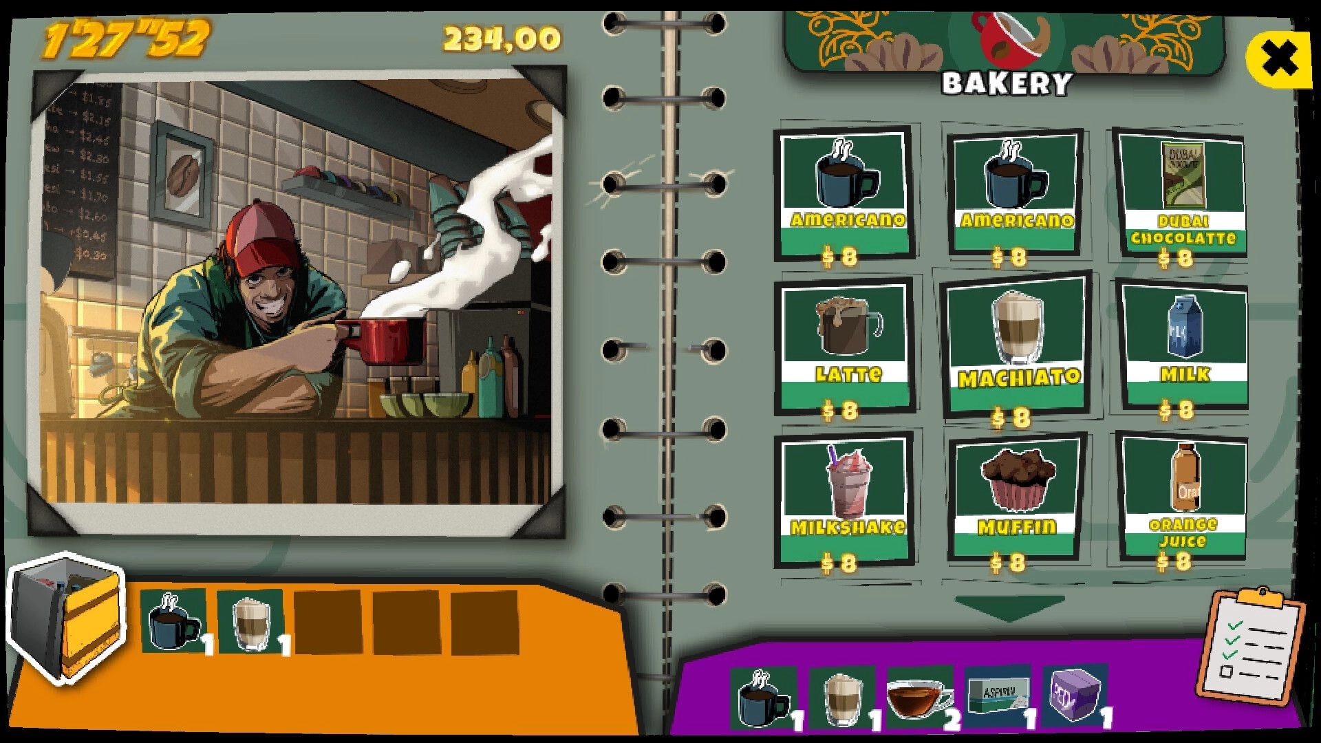 Bring It: Bakery shop menu with drink items and prices beside barista pouring coffee in cafe interior.