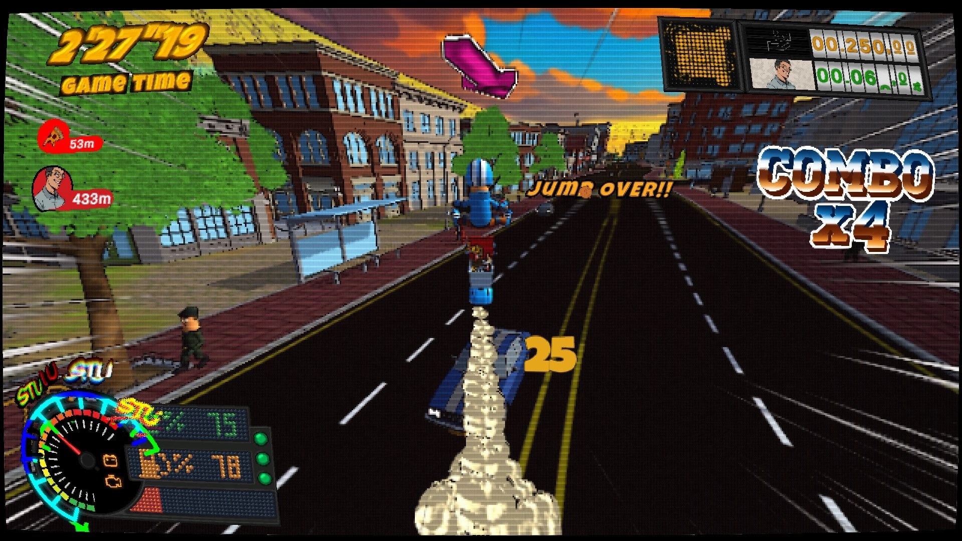 Bring It: Courier on a bike mid-jump with COMBO x4 and Jump Over UI on a sunset city street.