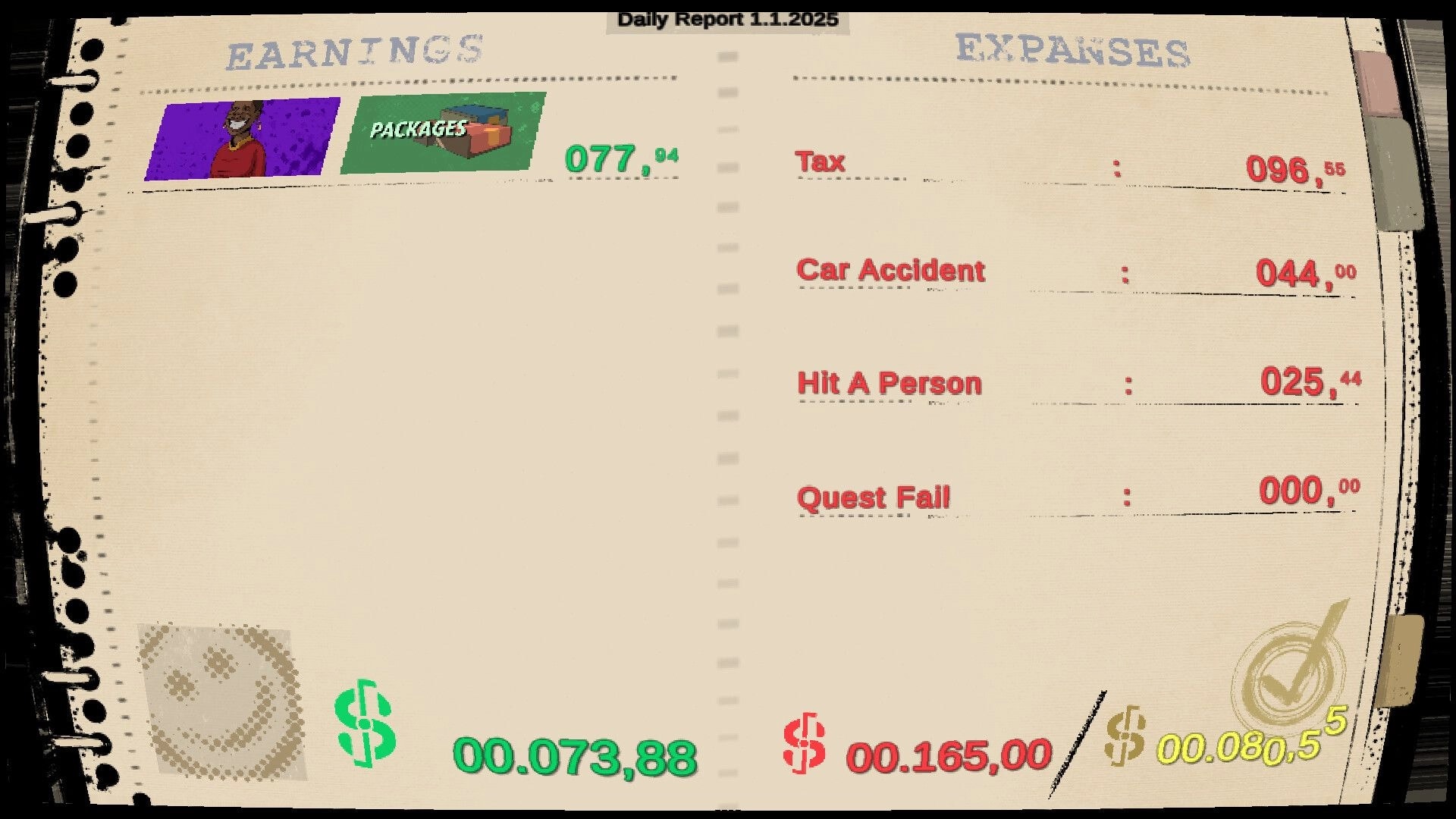 Bring It: Daily report ledger showing earnings from packages and expenses for tax, accidents, penalties menu.