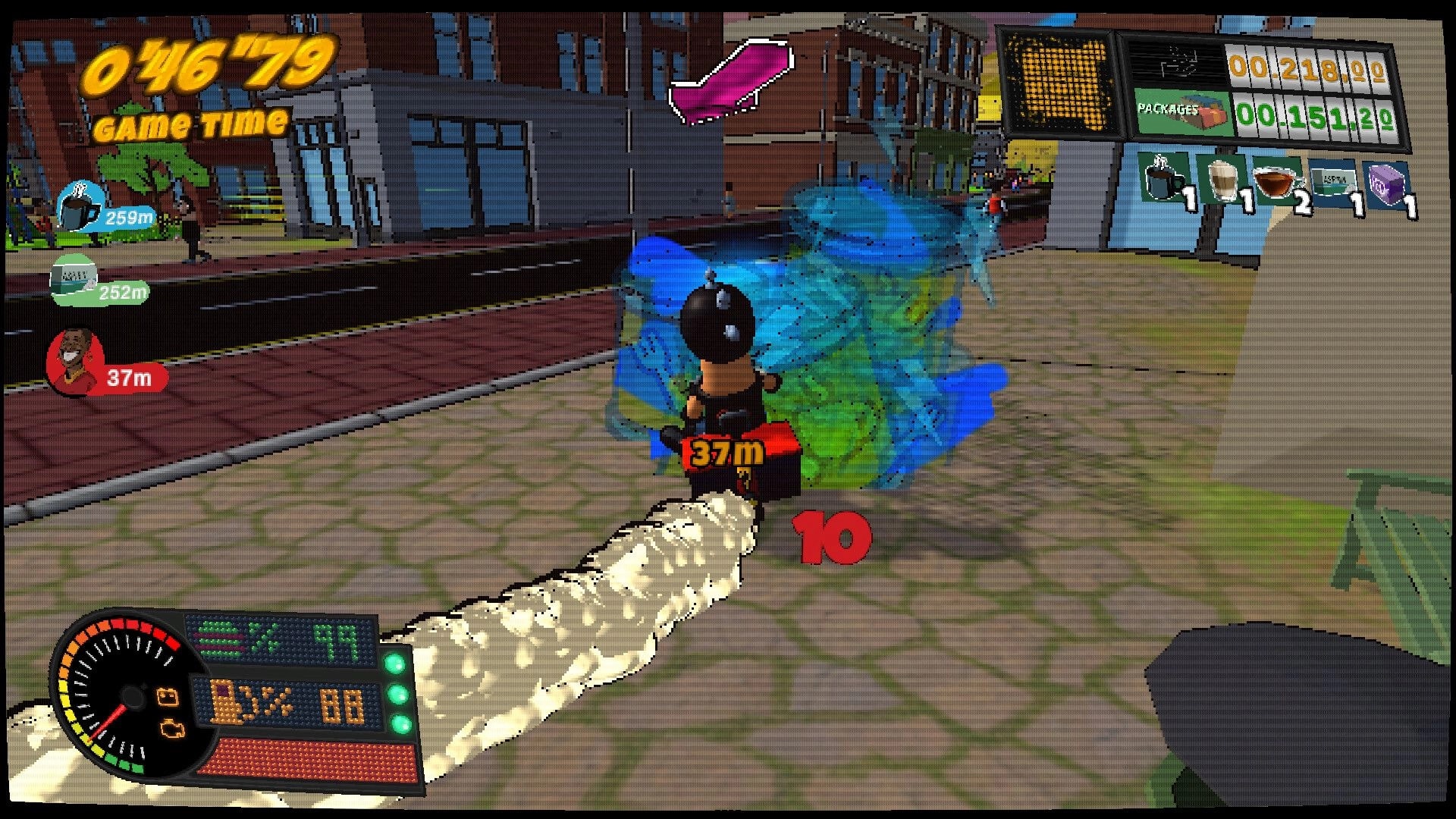 Bring It: Courier on scooter hits a boost trail, delivery HUD and timer visible on city street.