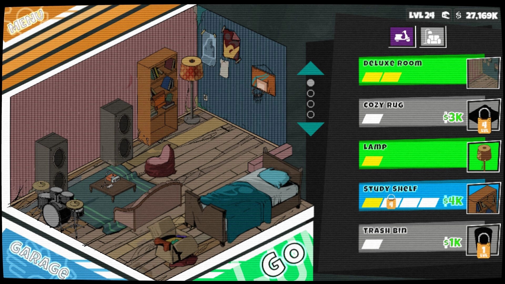 Bring It: Apartment upgrade menu with isometric bedroom and item list for lamp, rug, shelf, trash bin.