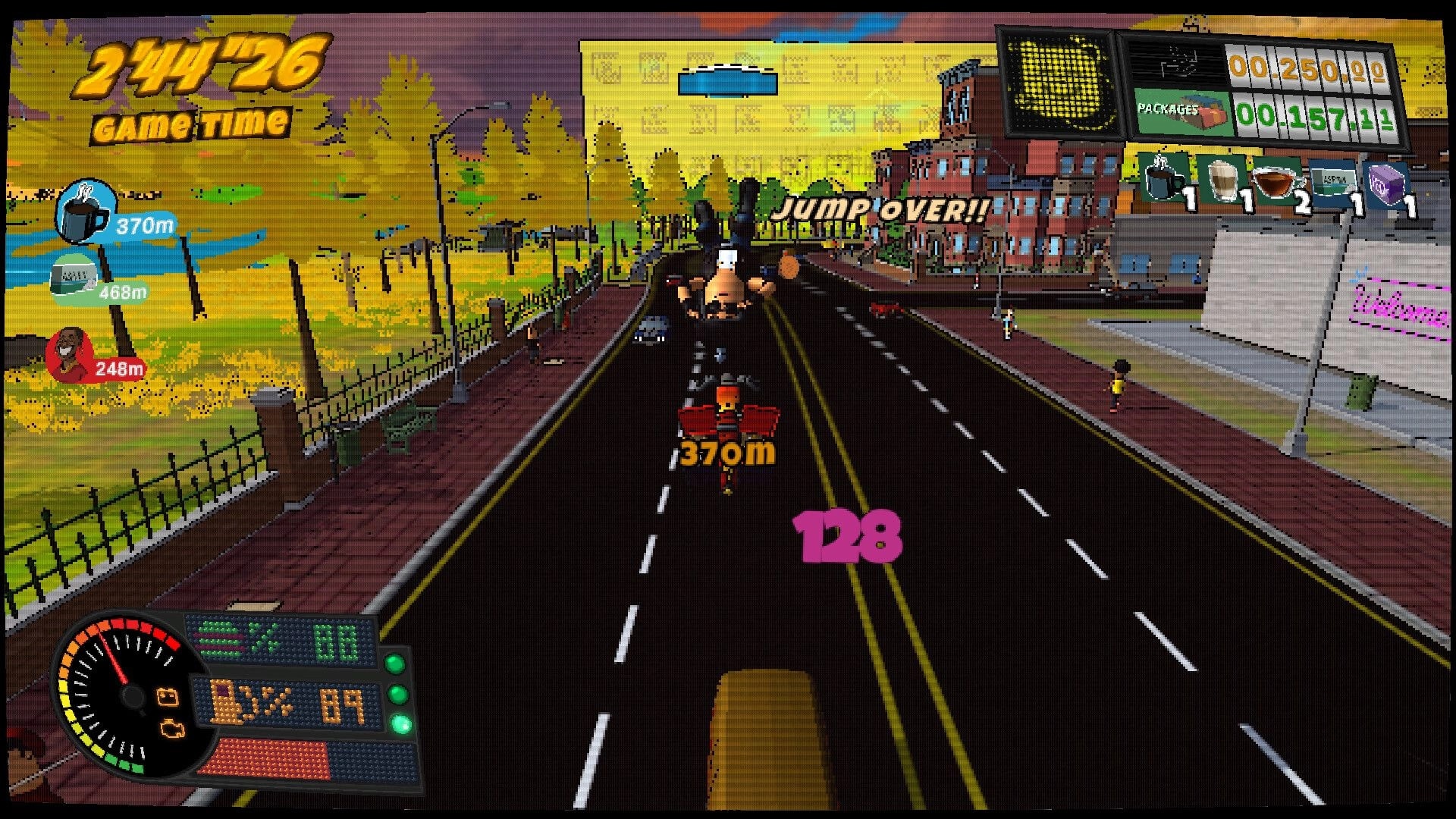 Bring It: Courier bike hits a jump over traffic on city road with score, packages, and speed HUD.