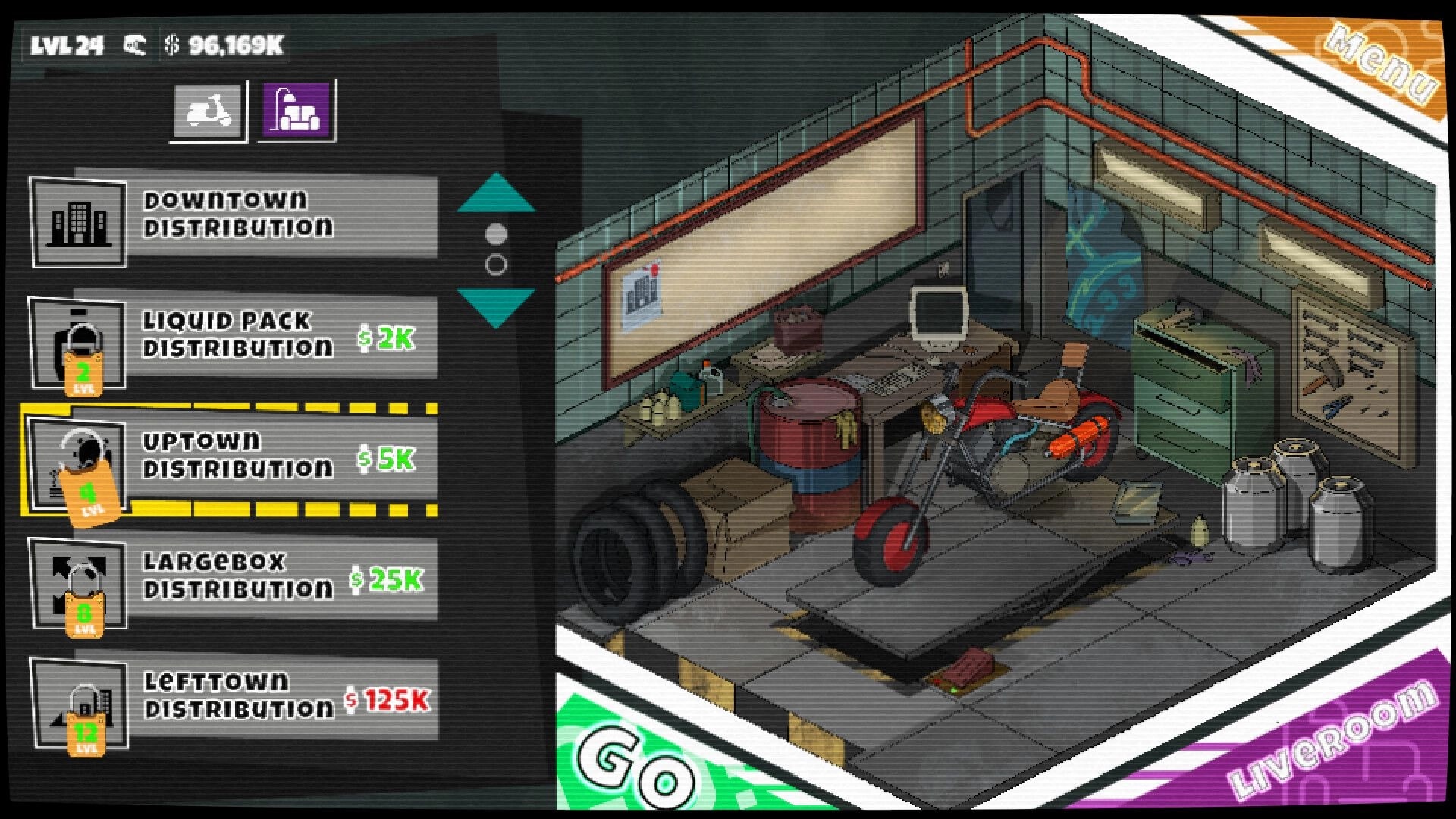 Bring It: Distribution selection menu with level and cash HUD beside a garage with a motorbike workshop.