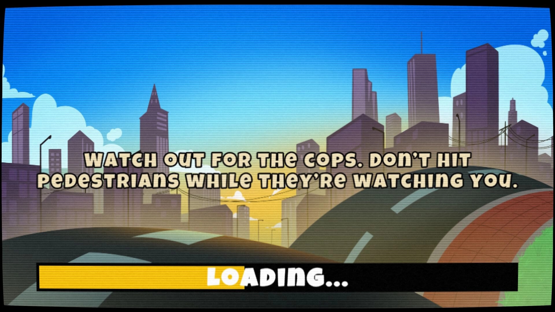 Bring It: Loading screen warning about cops and pedestrians over a stylized city skyline and road curve.
