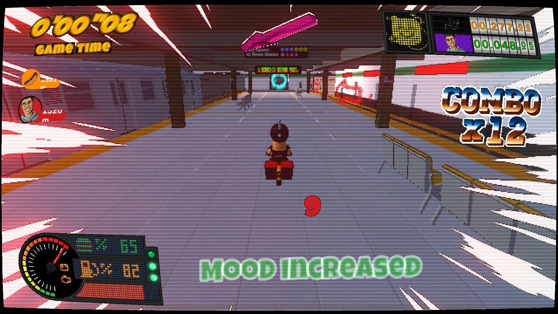 Bring It: Courier riding a bike in a covered tunnel with combo x12 UI and “MOOD INCREASED” text.