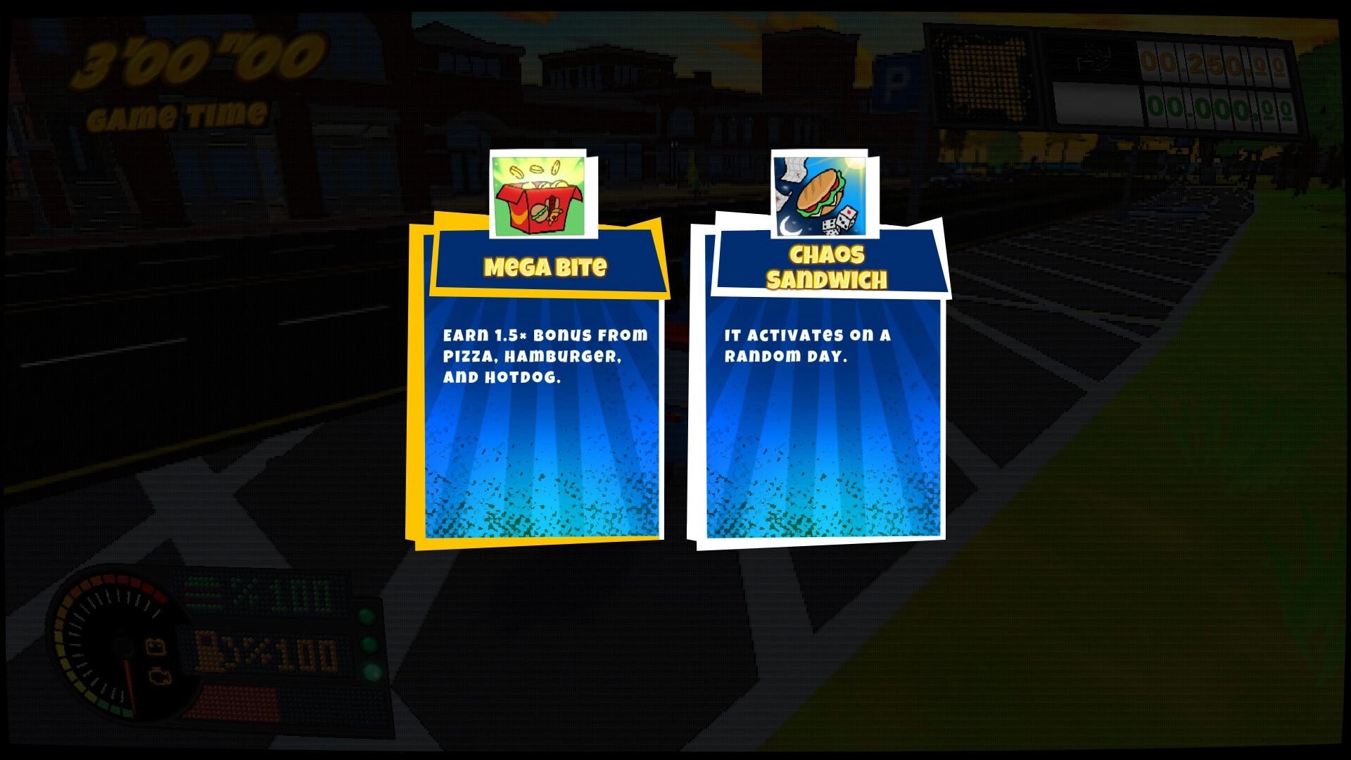 Bring It: Upgrade choice menu with Mega Bite and Chaos Sandwich cards over a city street backdrop.