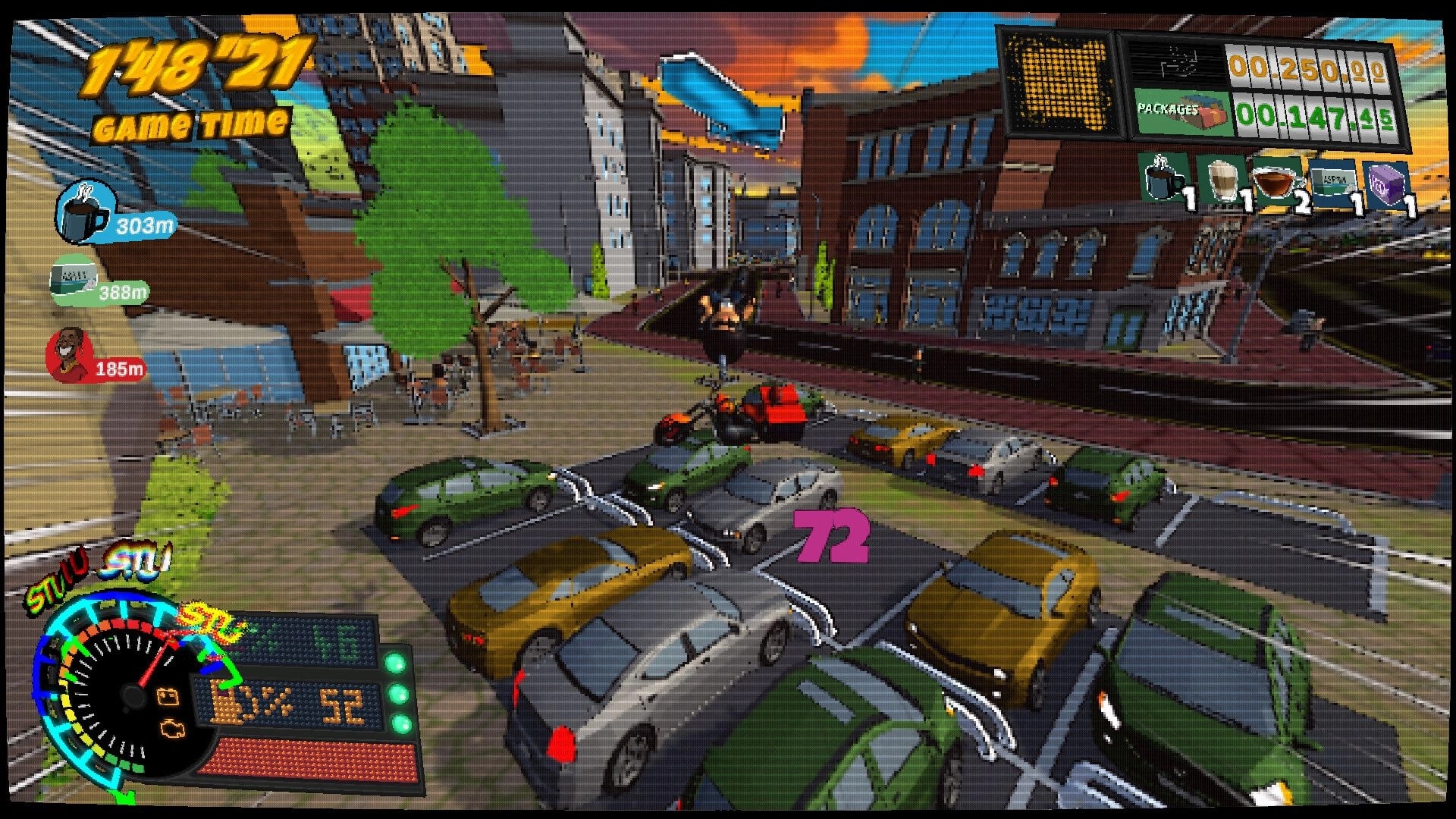 Bring It: Courier bike jumps over traffic with delivery icons and timer HUD in a downtown street at sunset.