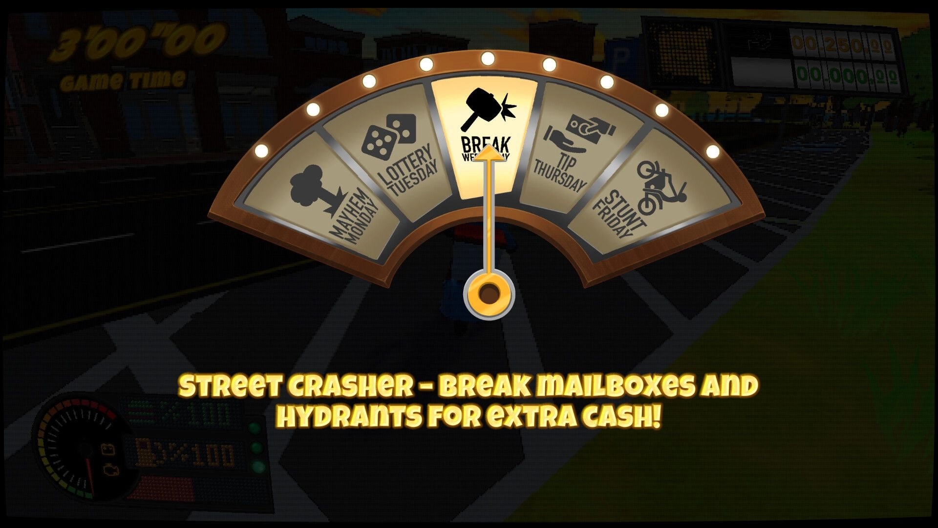 Bring It: Weekly bonus spinner on Break Wednesday, Street Crasher tip overlay on city street backdrop.