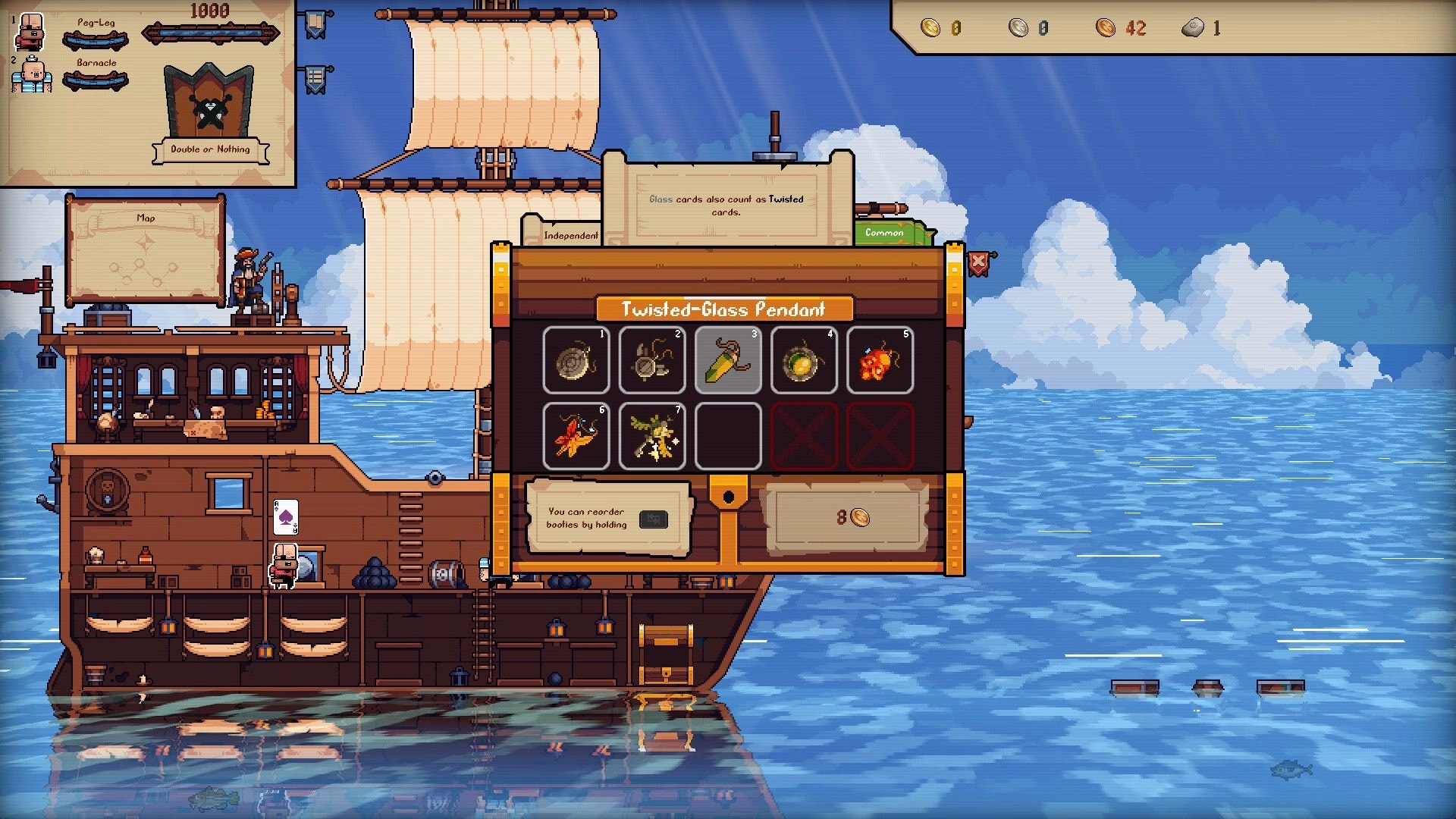 Broadside Bets: Booty inventory open on Twisted-Glass Pendant upgrade menu aboard a pirate ship at sea.