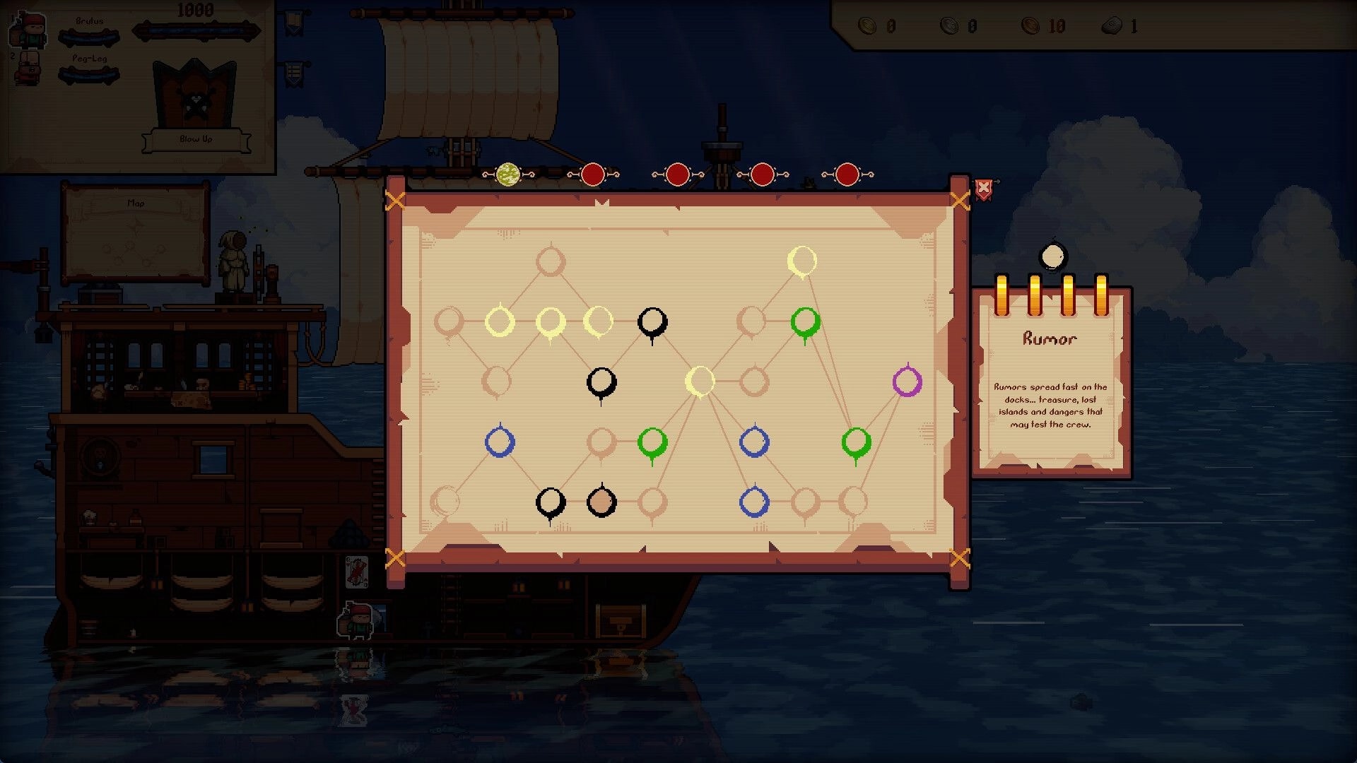 Broadside Bets: Branching encounter map with colored nodes over ship deck UI and a Rumor note panel.