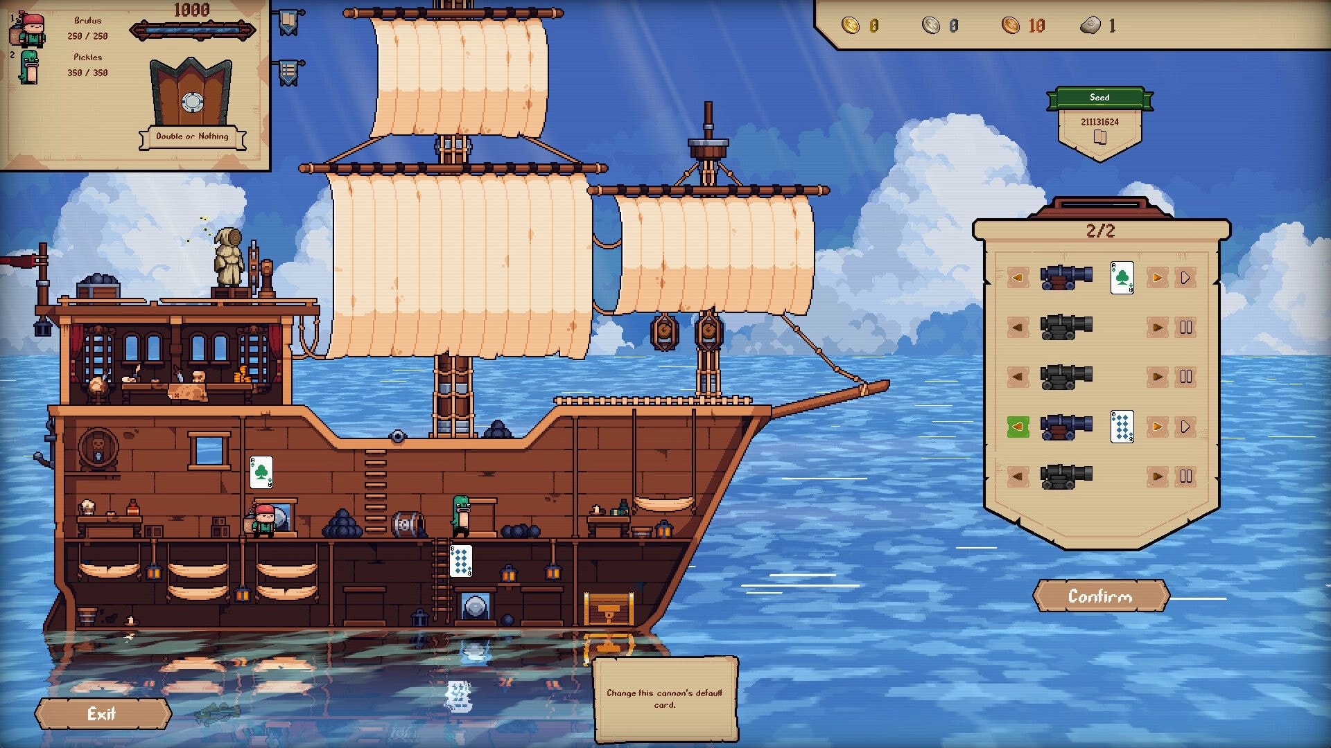 Broadside Bets: Ship deck upgrade screen with cannon slots and crew aboard sailing on open sea.