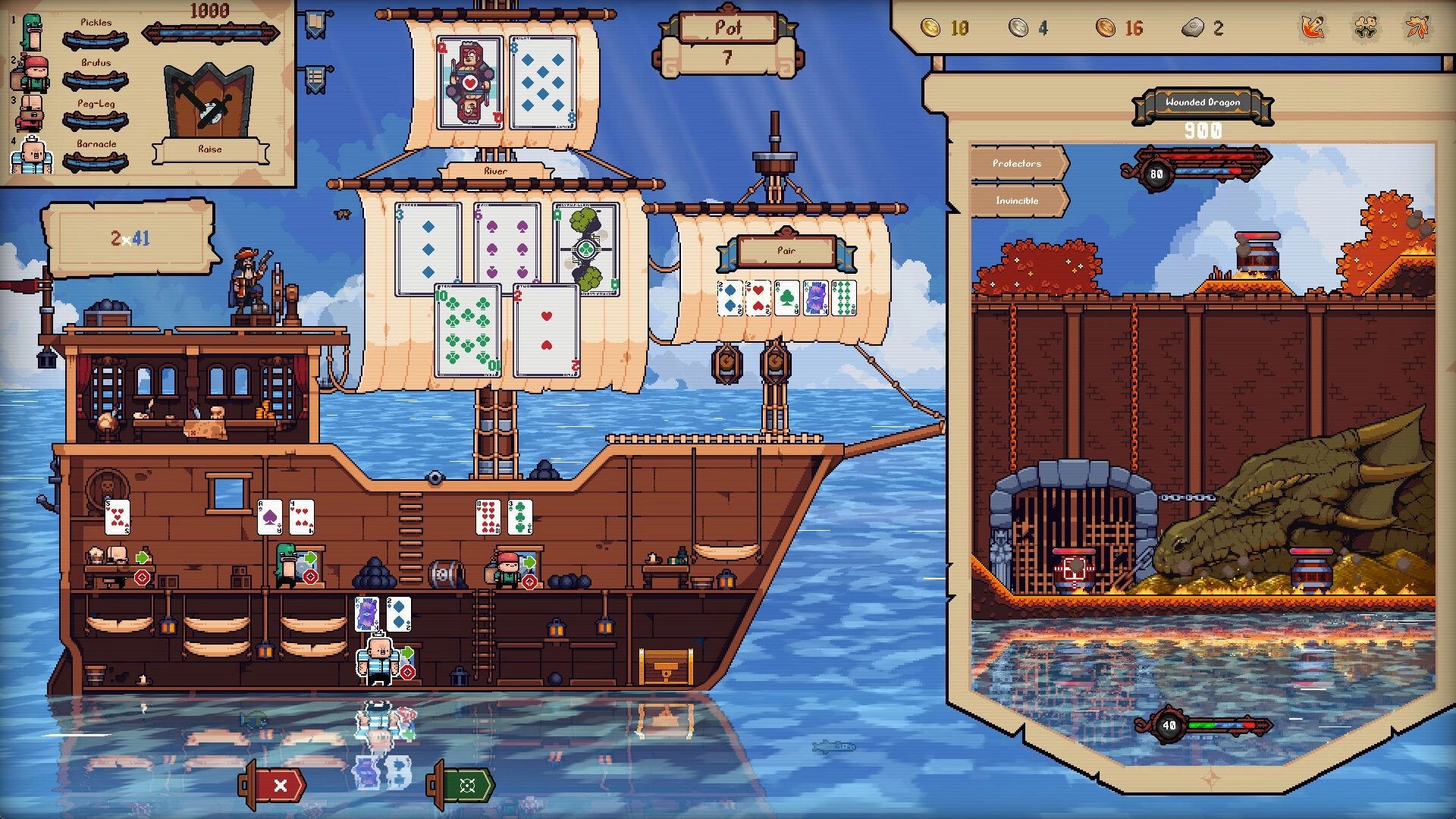 Broadside Bets: Pirate ship card battle UI with crew and hand vs Wounded Dragon in seaside arena.