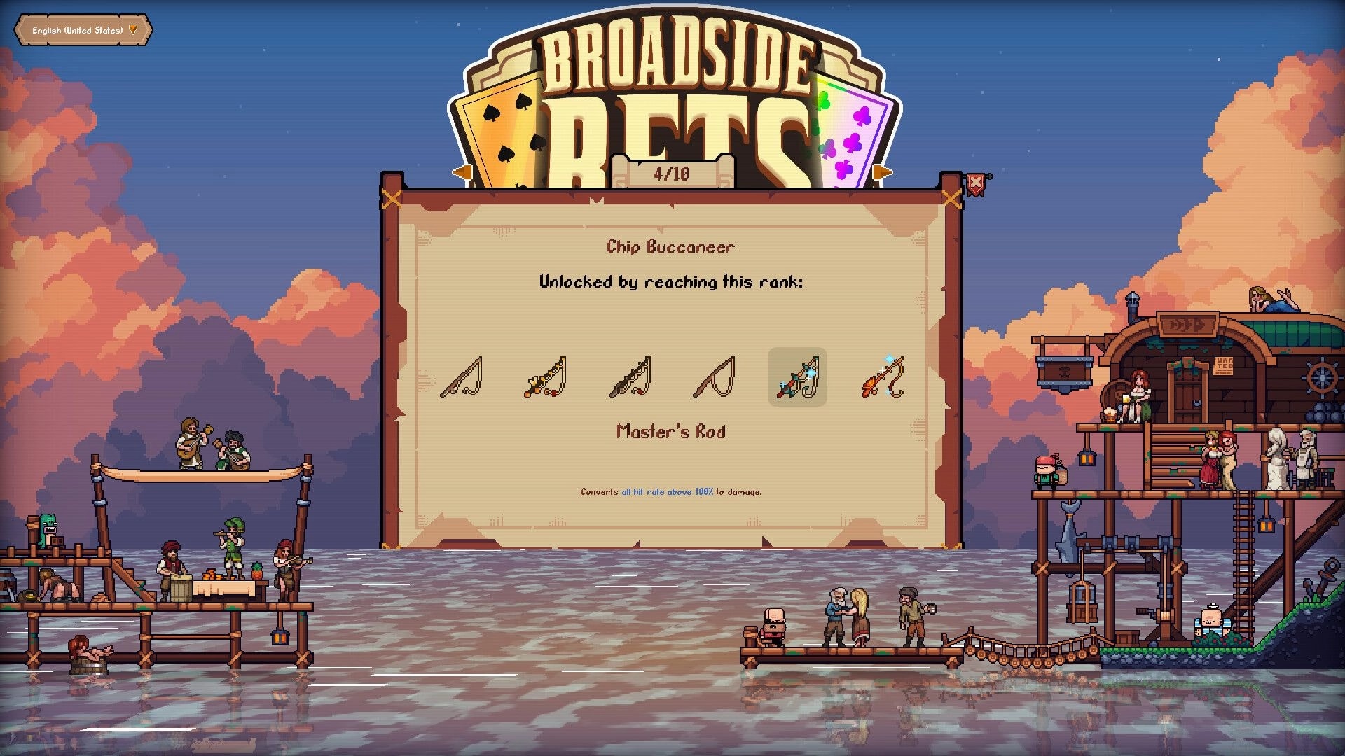 Broadside Bets: Chip Buccaneer unlocks pop-up with Master’s Rod item icons over a seaside dock hub.