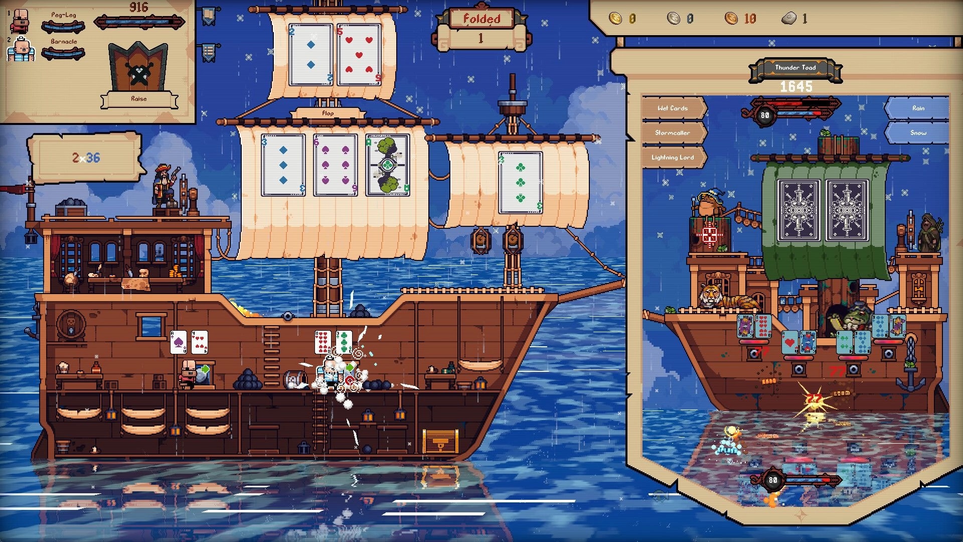 Broadside Bets: Ship-to-ship card battle with hands on sails and Thunder Toad boss UI in rainstorm.