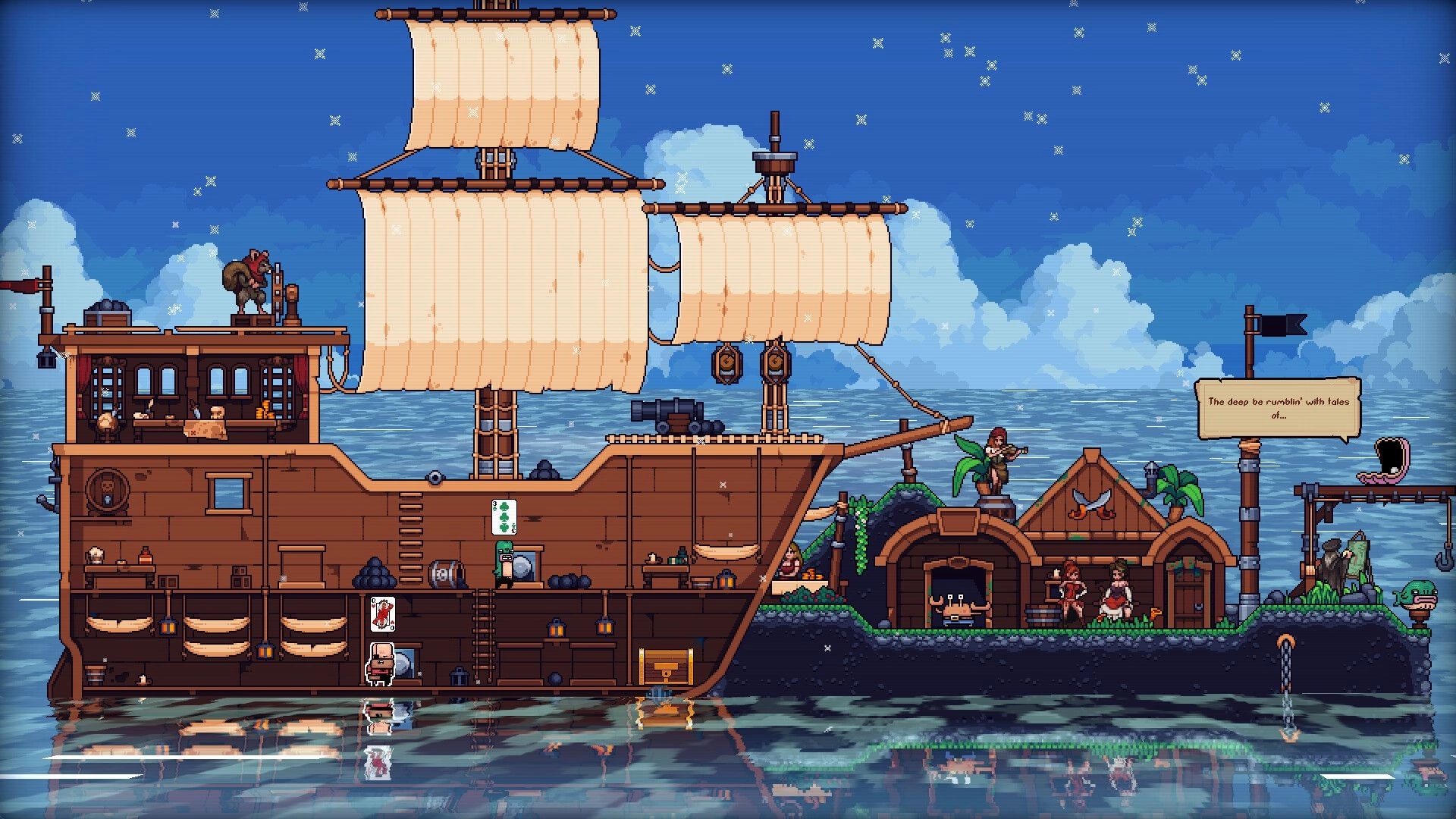 Broadside Bets: Side-view pirate ship docked at a small island outpost with crew and speech bubble UI.
