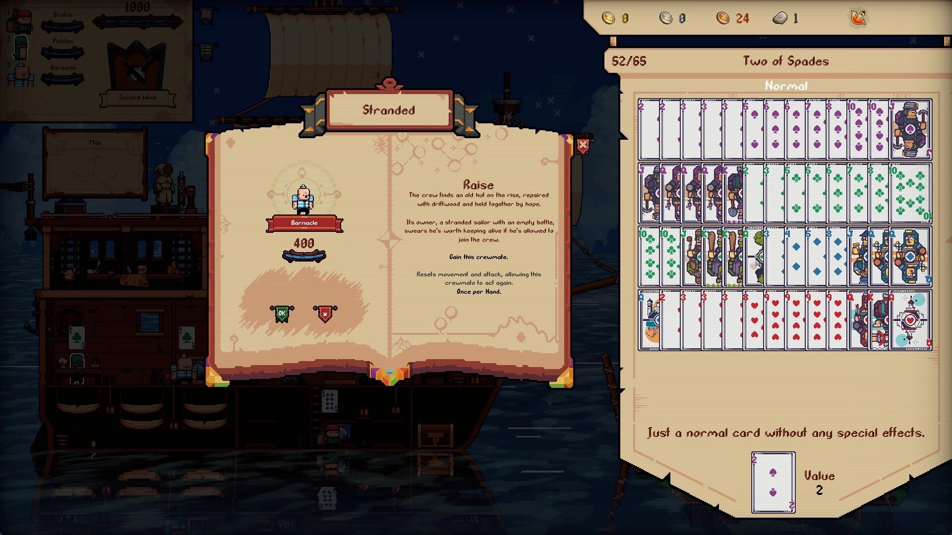 Broadside Bets: Stranded event book offers Barnacle crewmate while Two of Spades deck list fills UI.