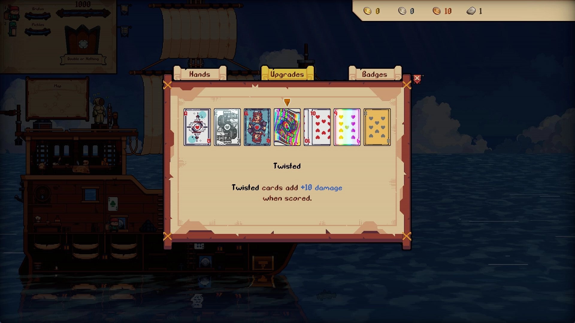 Broadside Bets: Upgrades menu highlighting Twisted card bonus with hand cards shown over ship deck at sea.