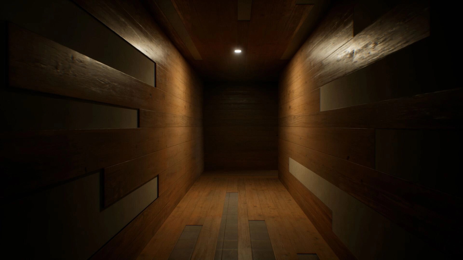 BrokenLore: First-person view down a dim wooden hallway with a single ceiling light and dark end.