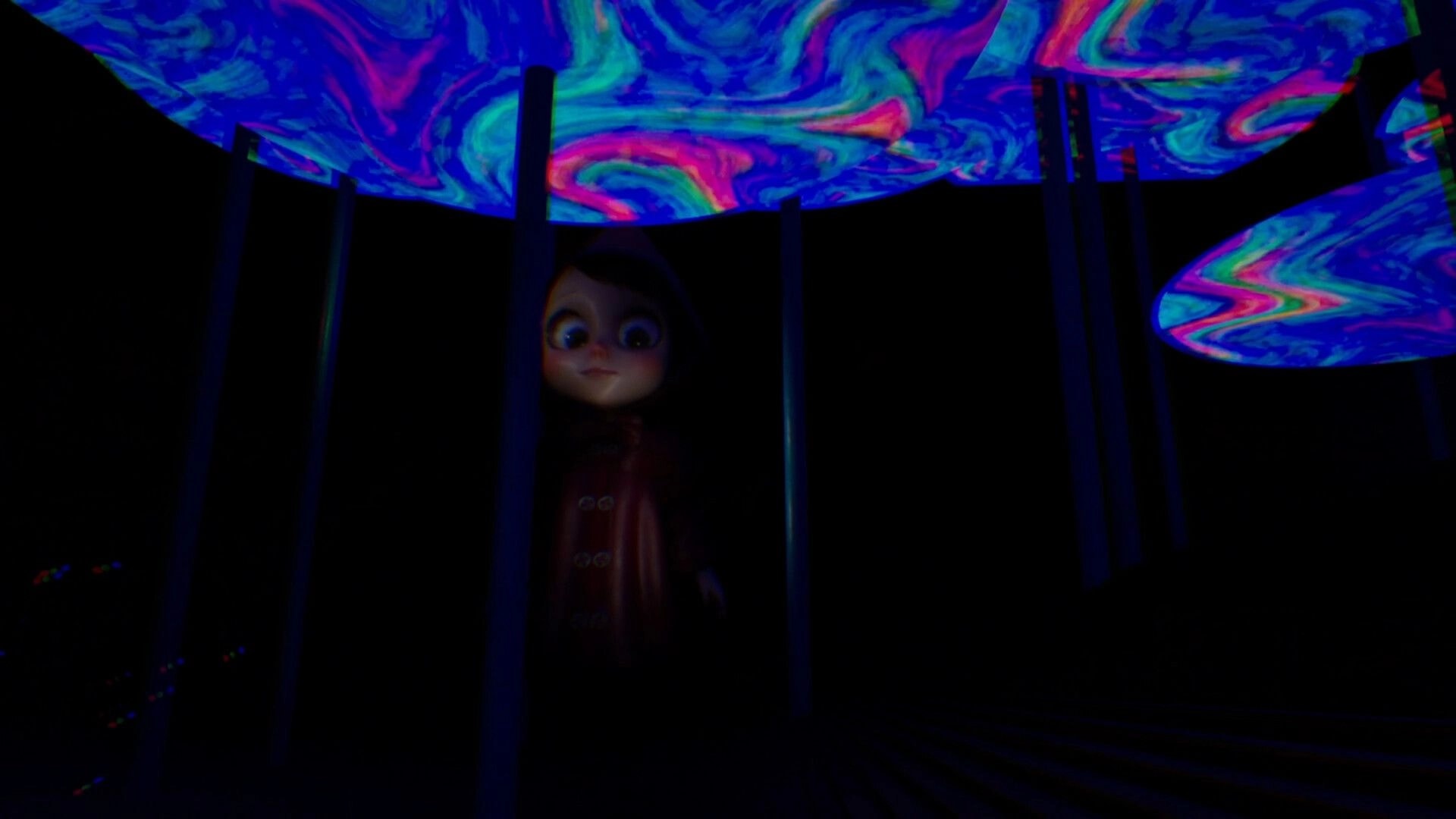 BrokenLore: Doll-like girl stares through metal bars under swirling neon ceiling in a dark room.