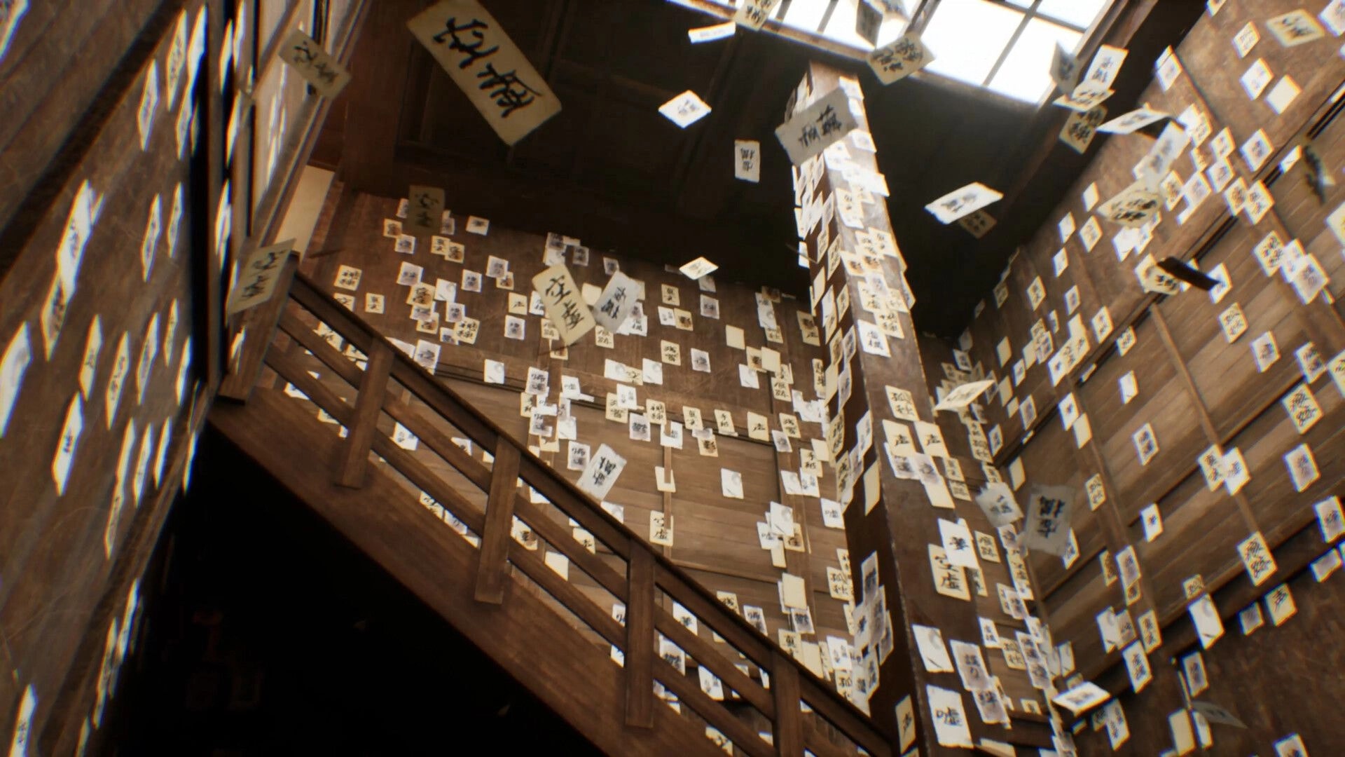 BrokenLore: Looking up at a wooden stairwell as paper talismans cover walls and swirl in the air indoors.