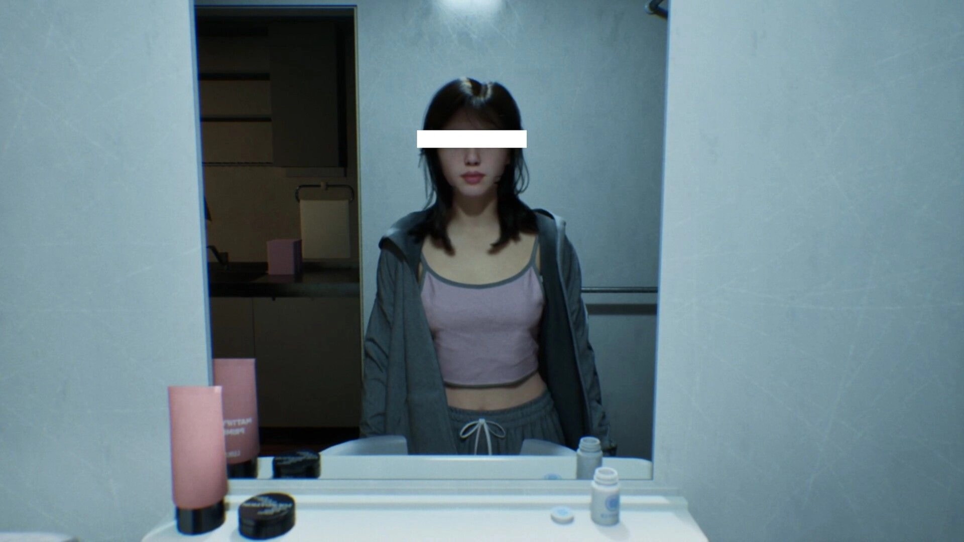 BrokenLore: Woman staring into bathroom mirror with toiletries on sink, medicine bottles in view.