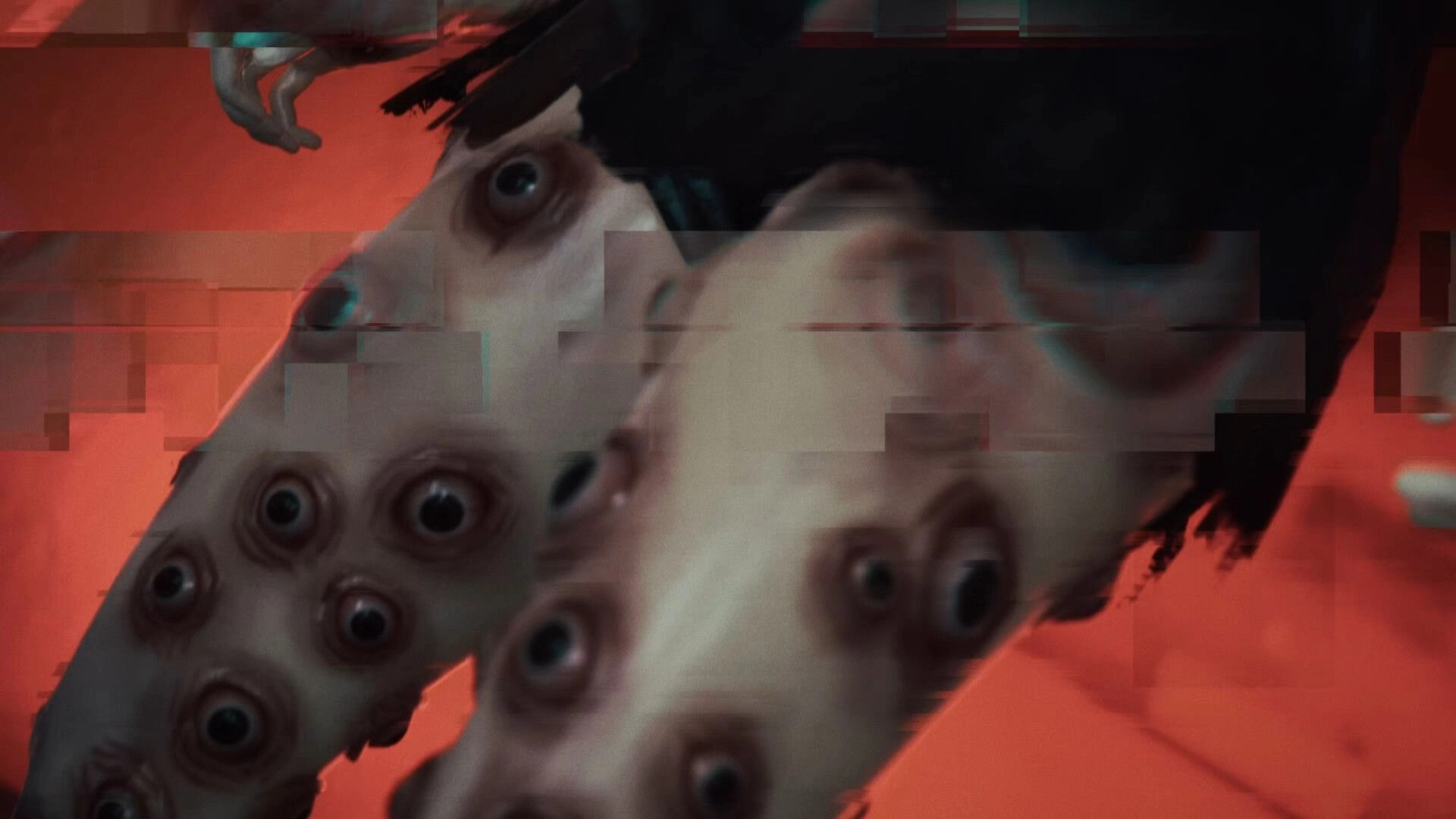 BrokenLore: Glitchy close-up of a distorted face with many eyes against a red, static-filled void.