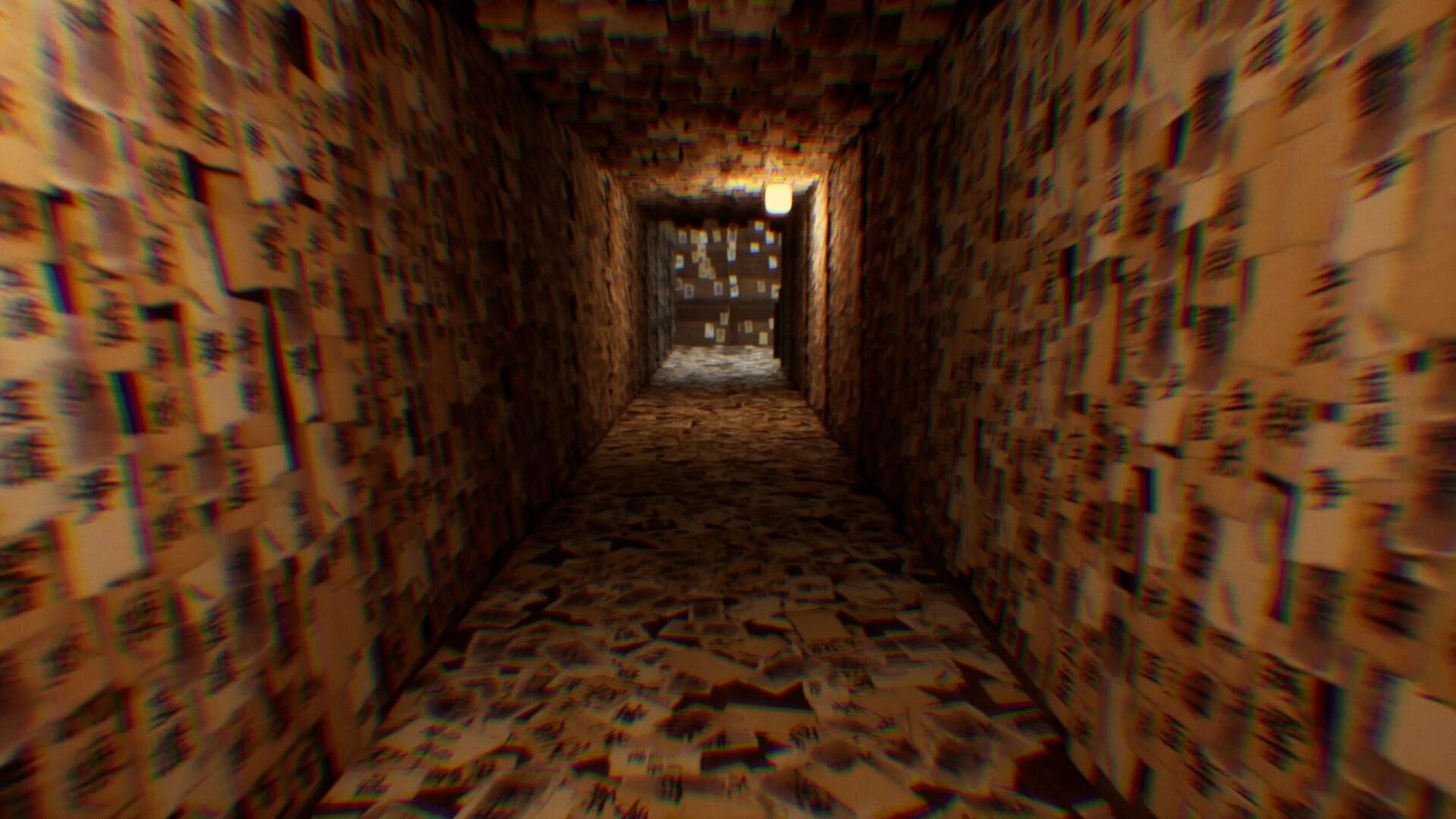 BrokenLore: First-person view down a paper-strewn corridor with walls covered in notes, dim light ahead.