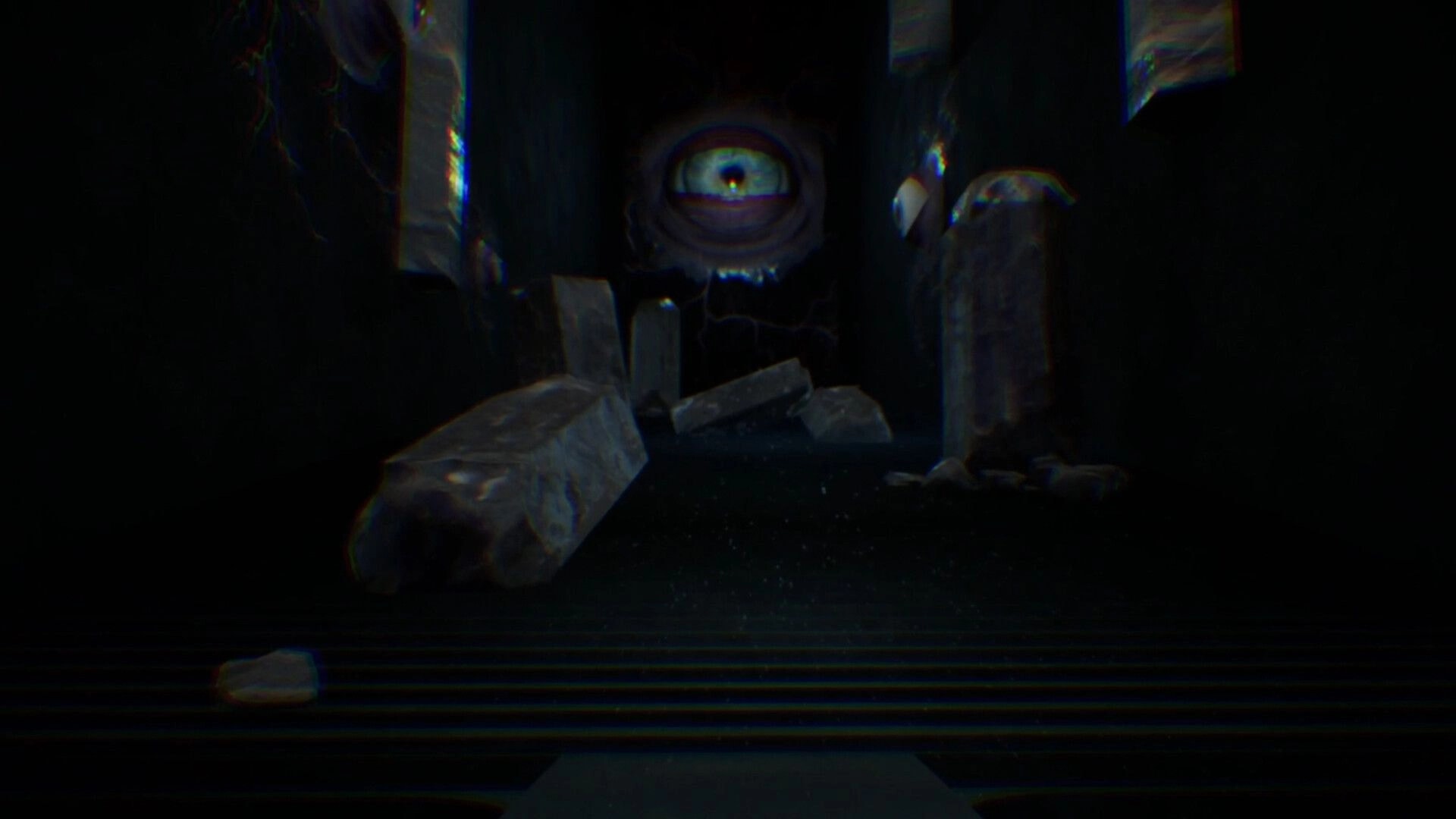 BrokenLore: One giant eye stares from a dark void surrounded by floating stone slabs and rubble.